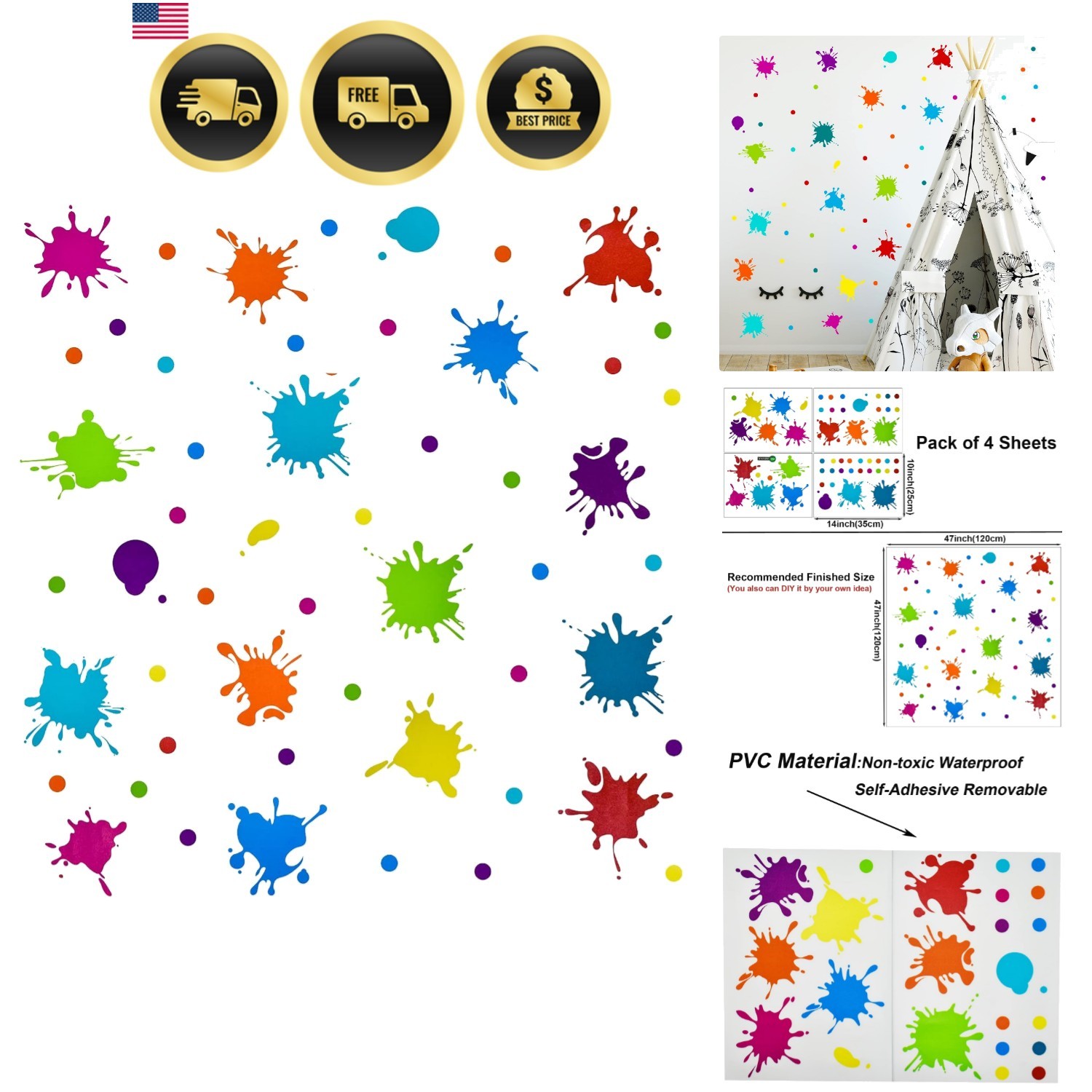 Colorful Paint Splatter Wall Sticker Decal 47×47 Inch Kids Room Art Decor