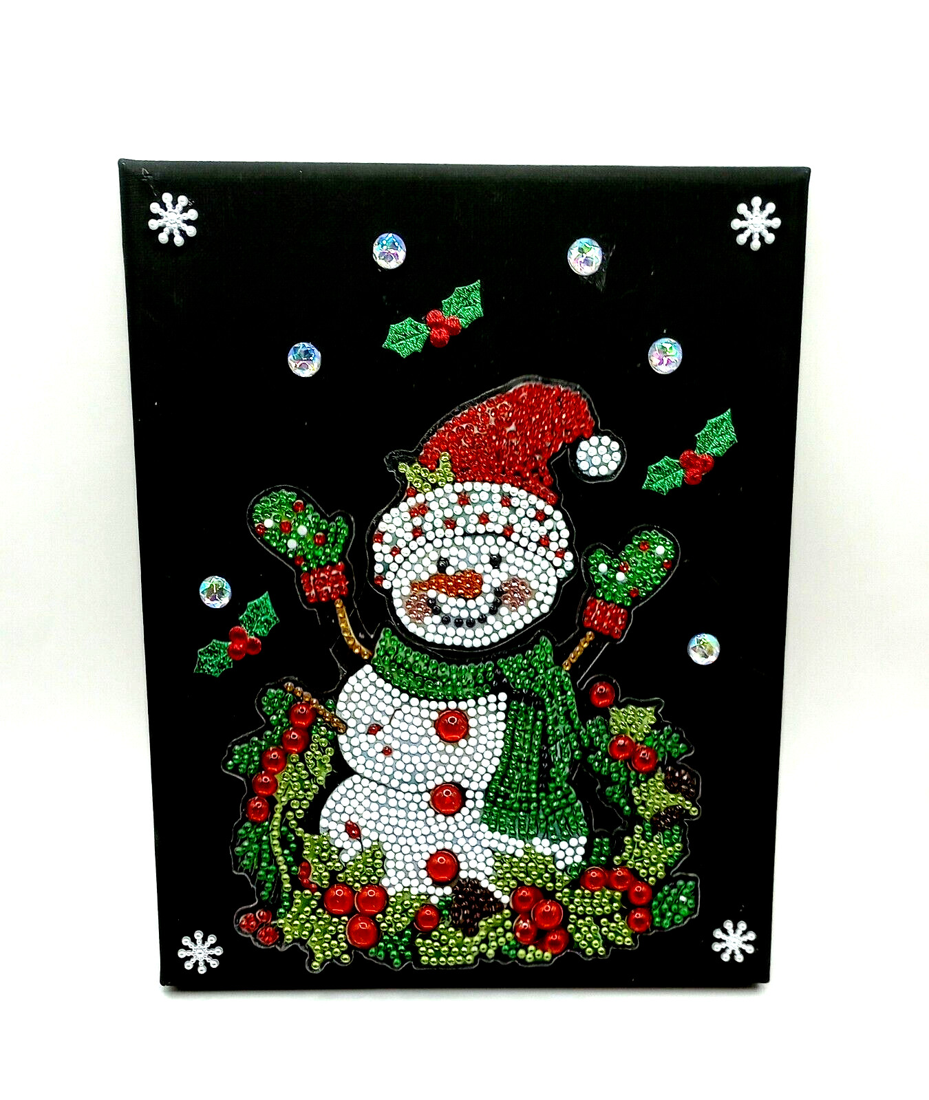 COMPLETED Diamond Art Acrylic Snowman on Black Stretched Canvas
