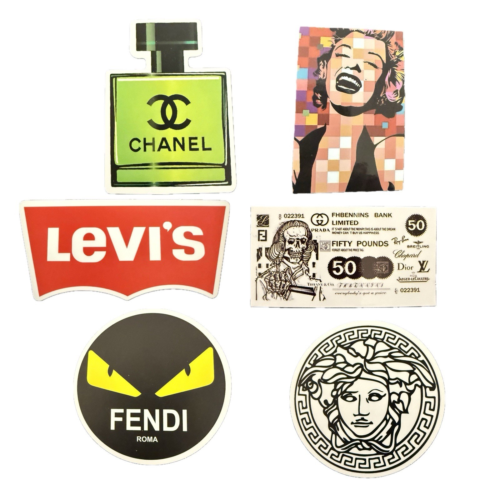 Luxury Fashion Parody Sticker Lot Chanel Fendi Versace Levi’s Pop Art Decals