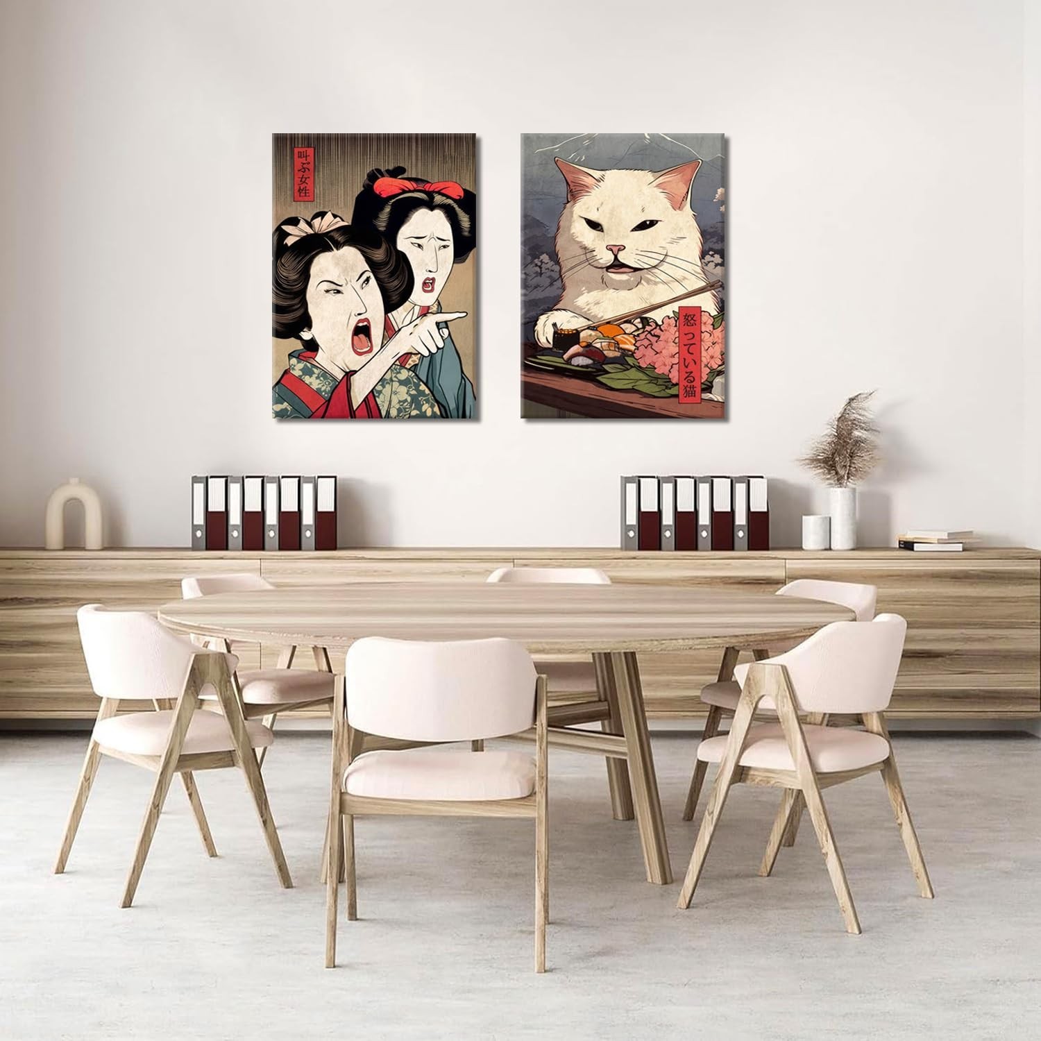 Funny Anime Posters Japanese Decor Set of 2 – Woman Yelling at Cat Canvas Wal…