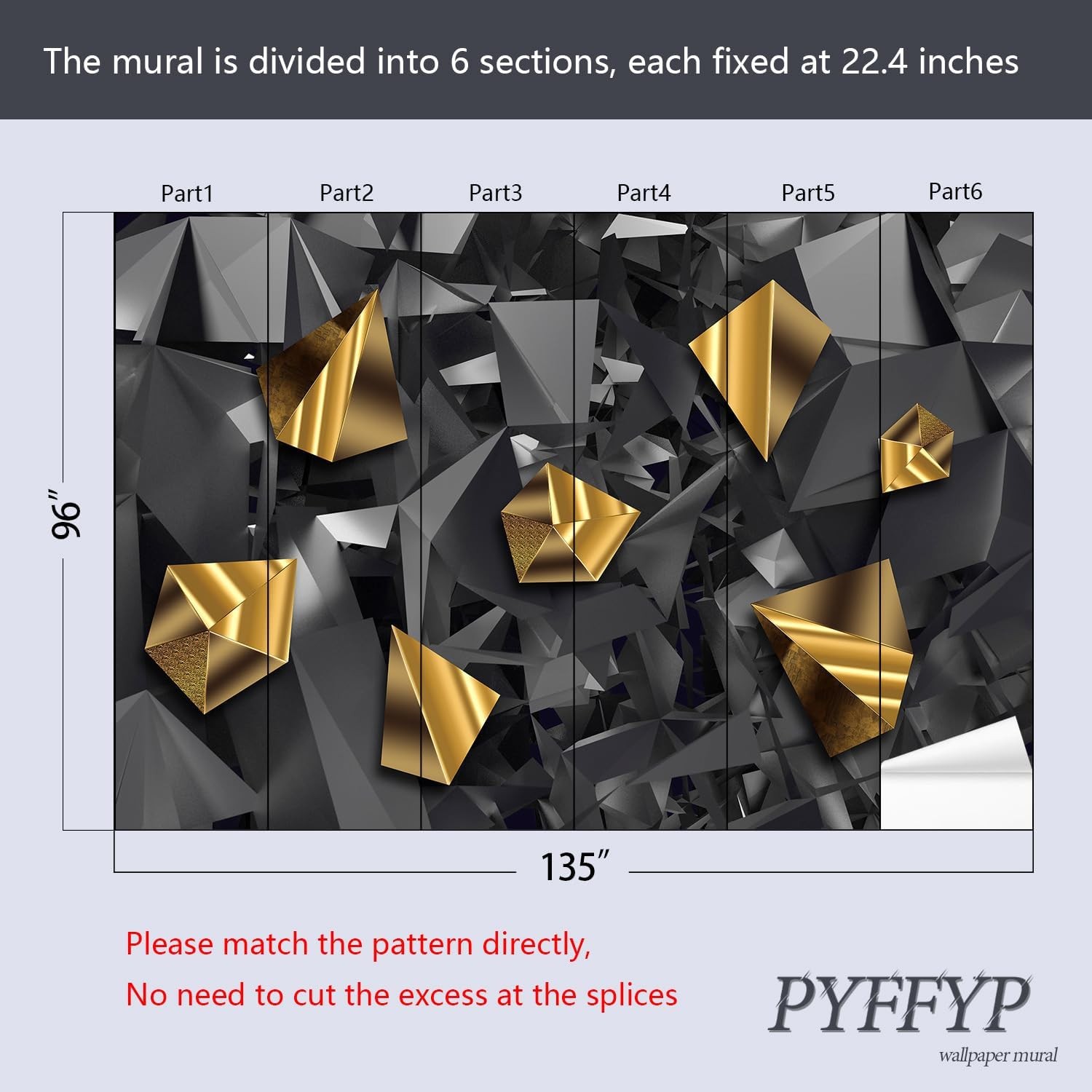 3D Black Grey Gold Geometric Wallpaper Mural 135×96 Modern Fabric Wall Art