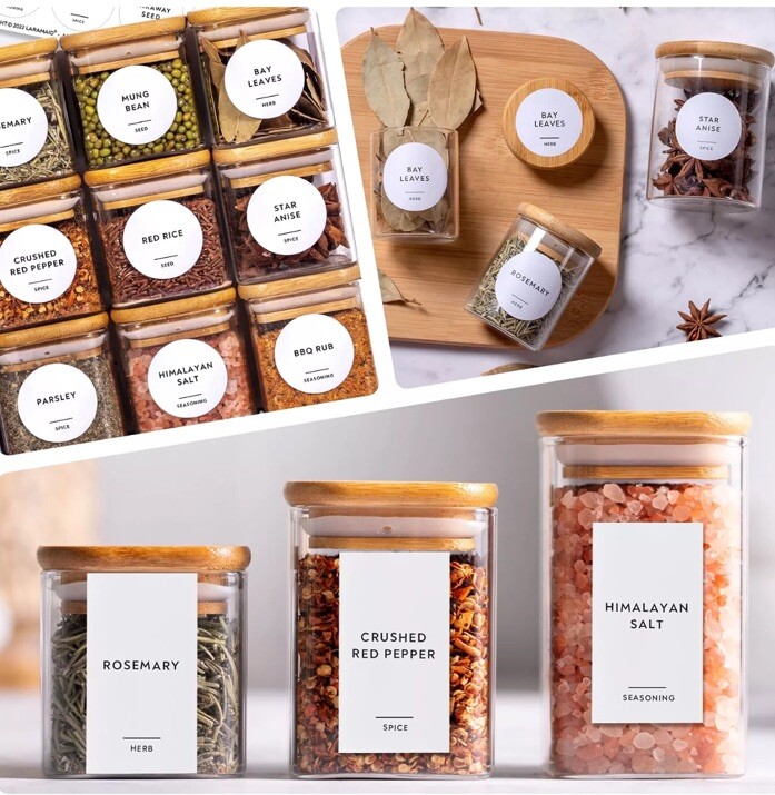 459 Minimalist Spice Jar Label Set, Black Text on White Vinyl Waterproof Labels