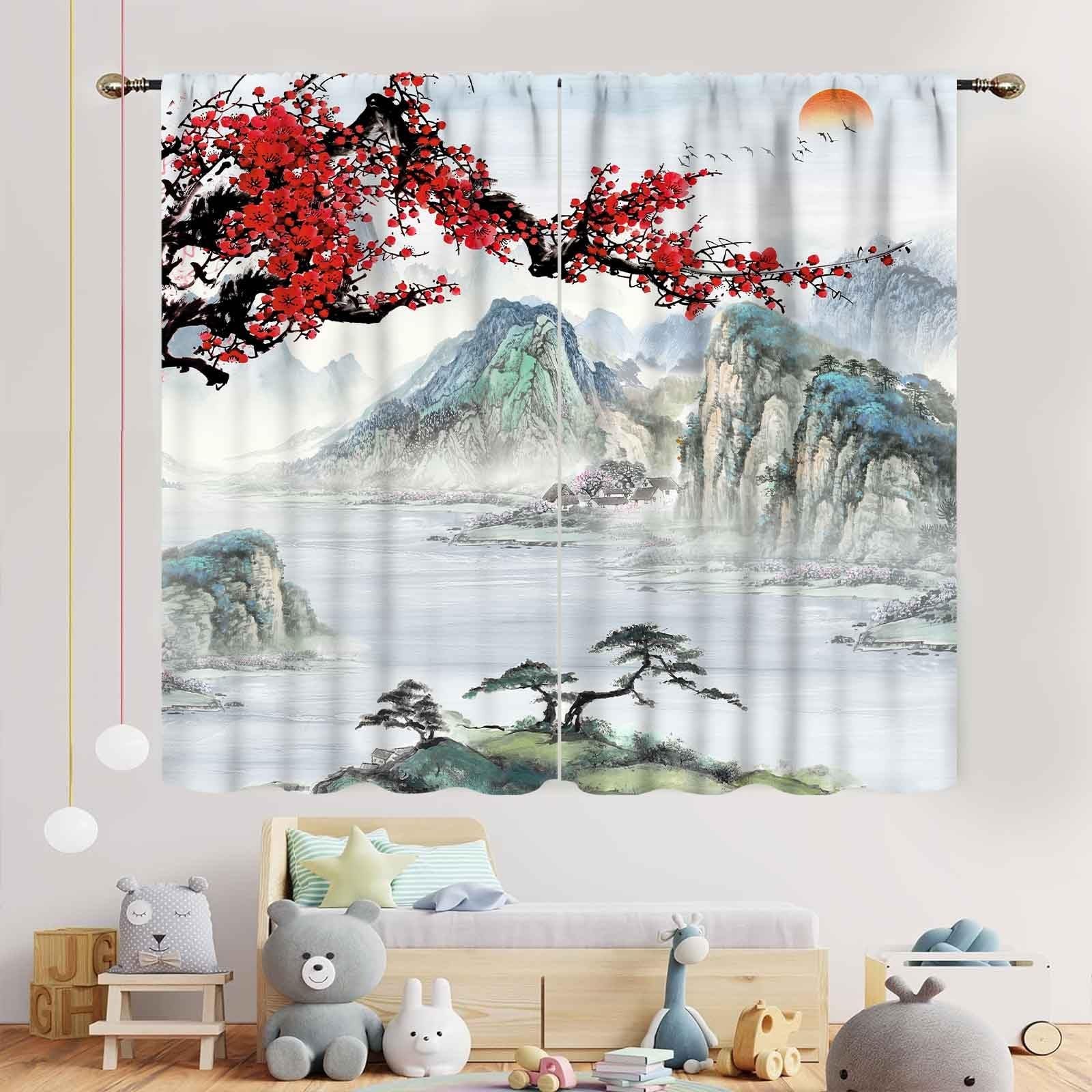 Asian Curtains for Bedroom, Traditional Ink Painting Nature Landscape Mountai…