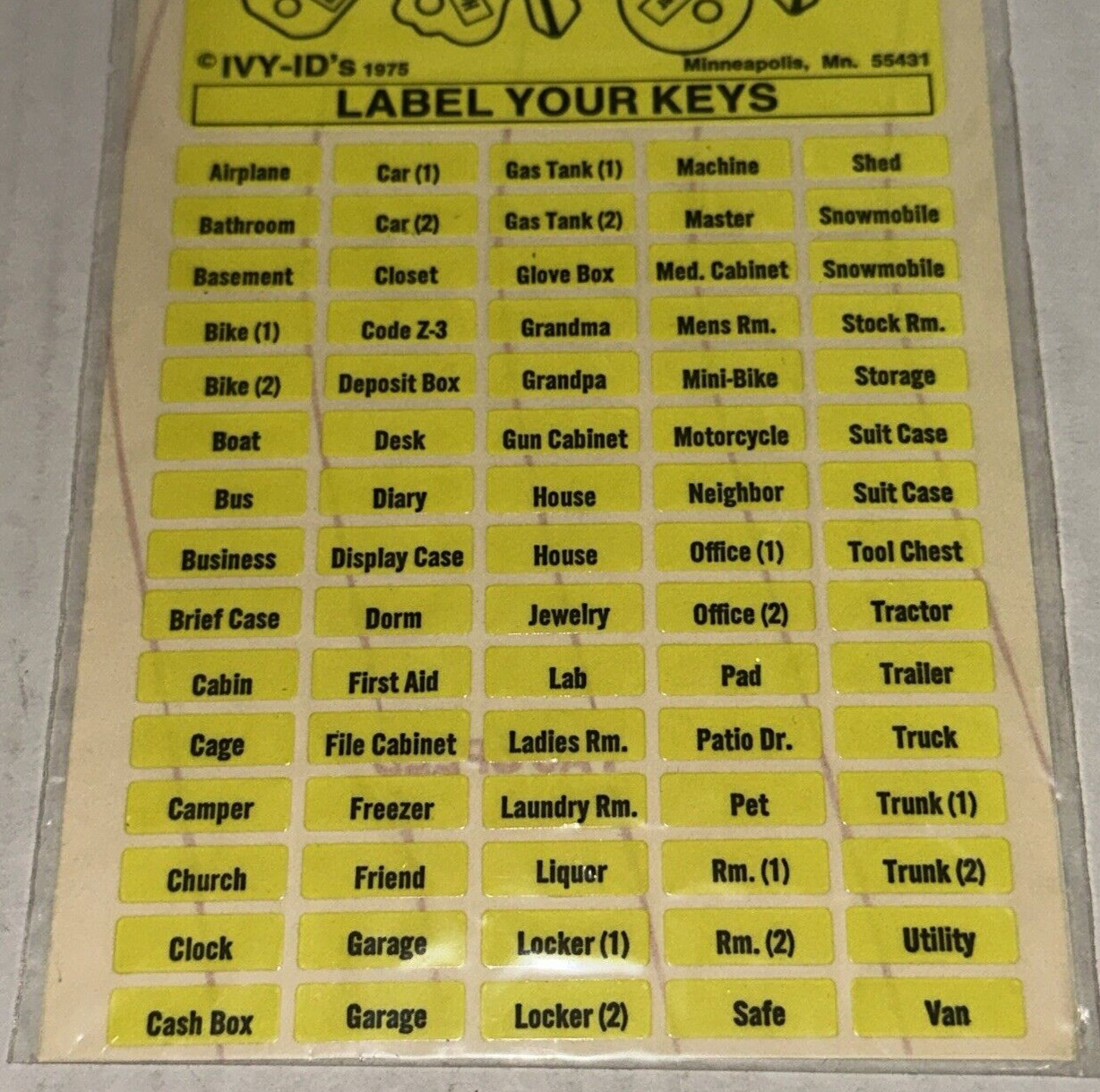 Ivy-Ids Self Adhesive Key Stickers Label Apply Clean Dry Surface Sealed USA NEW