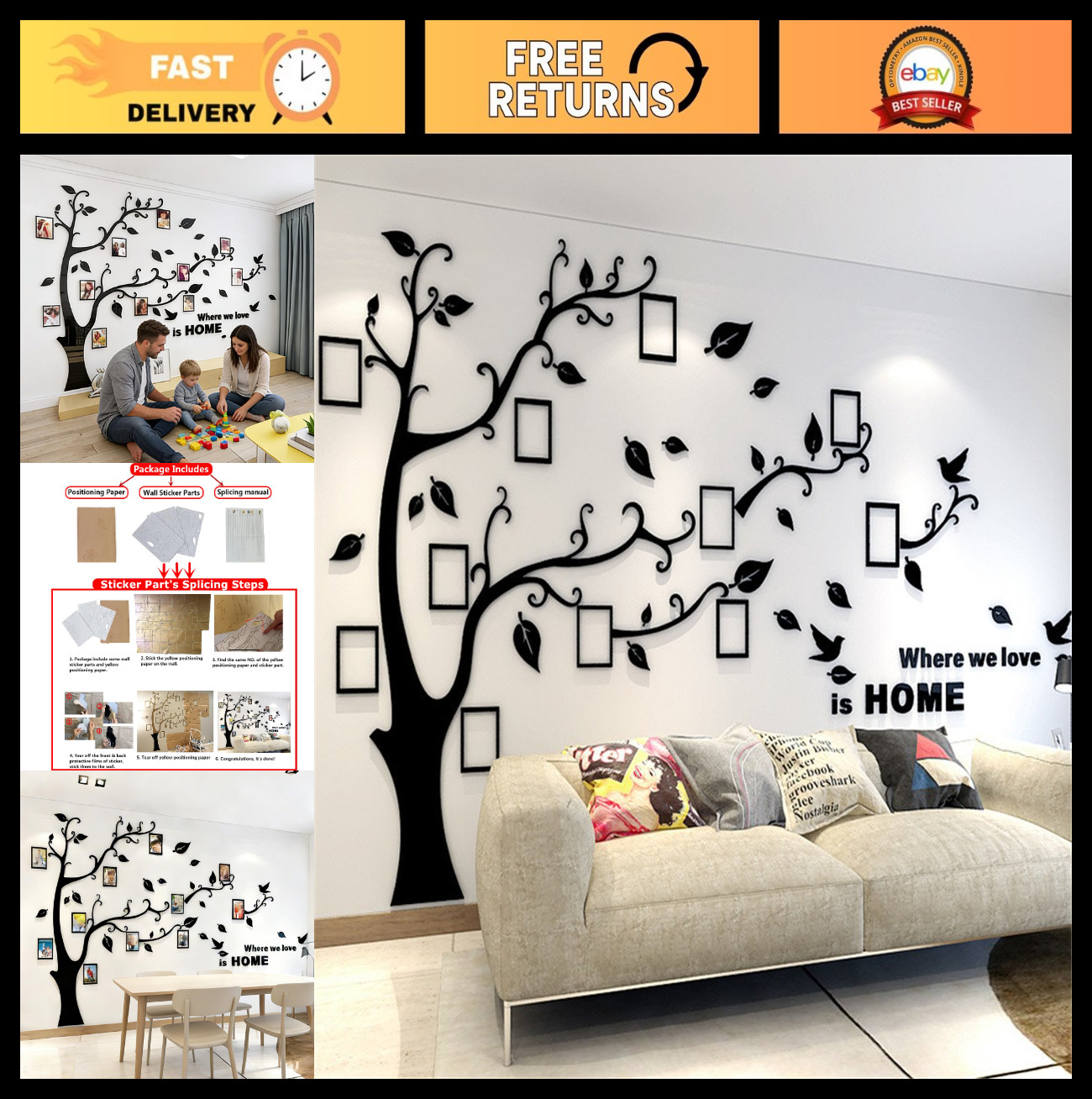 3D Tree Wall Decals – DIY Photo Frame Stickers for Living Room & Bedroom Decor