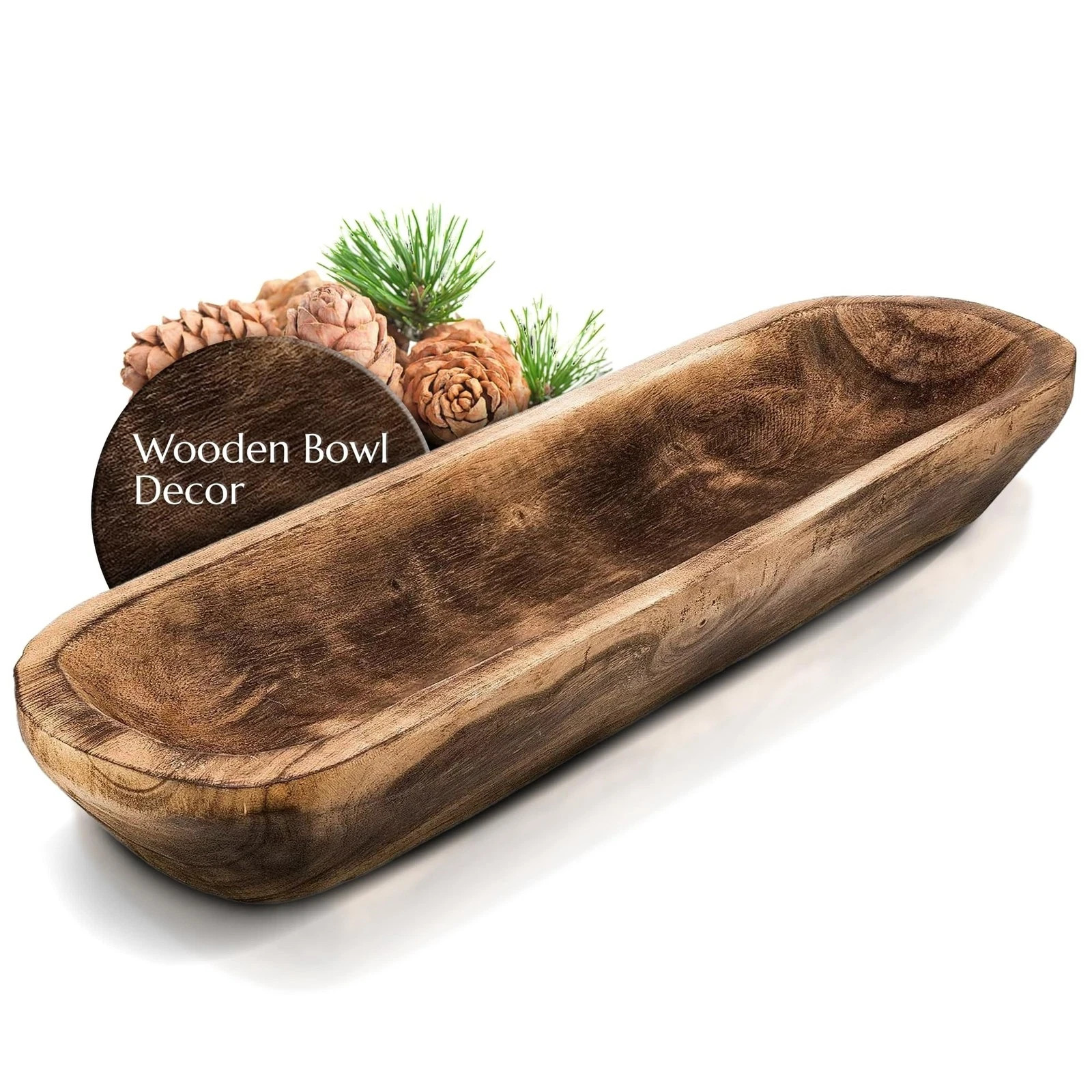 Wooden Dough Bowl for Decor – 17¾ in Long Hand Carved Paulownia, Large Rust