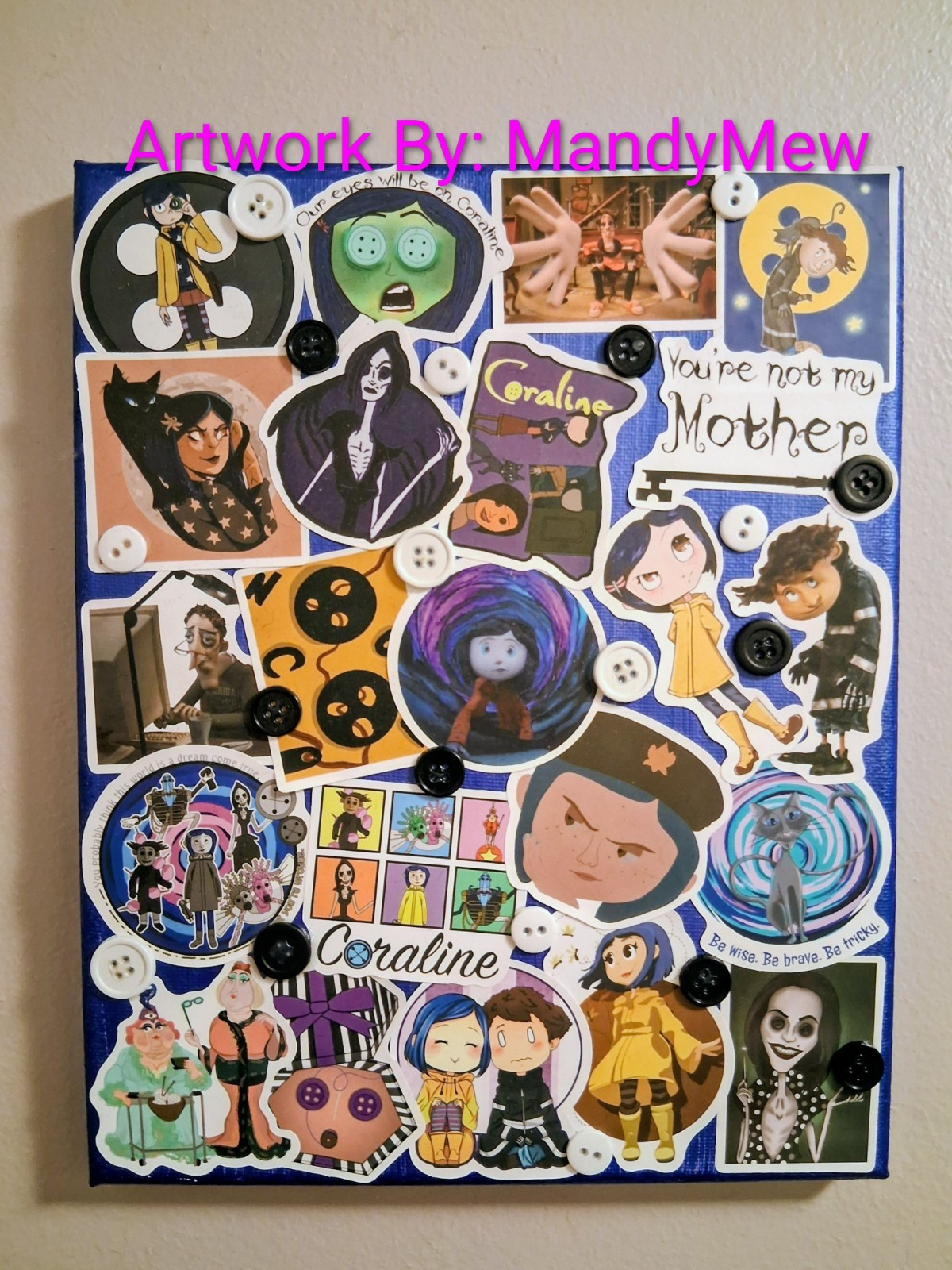 MandyMew Coraline Vinyl Sticker Collage Art, Multicolor & real buttons, 8×10 in