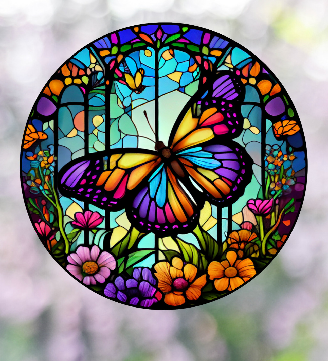 Butterfly Faux Stained-Glass WINDOW CLING Sun-catcher Size 8" Round Vinyl