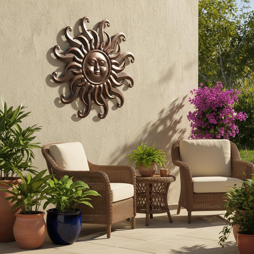 Metal Wall Art Decor Outdoor Inside With 3d Sun Face 27" Large Outside Sun Metal