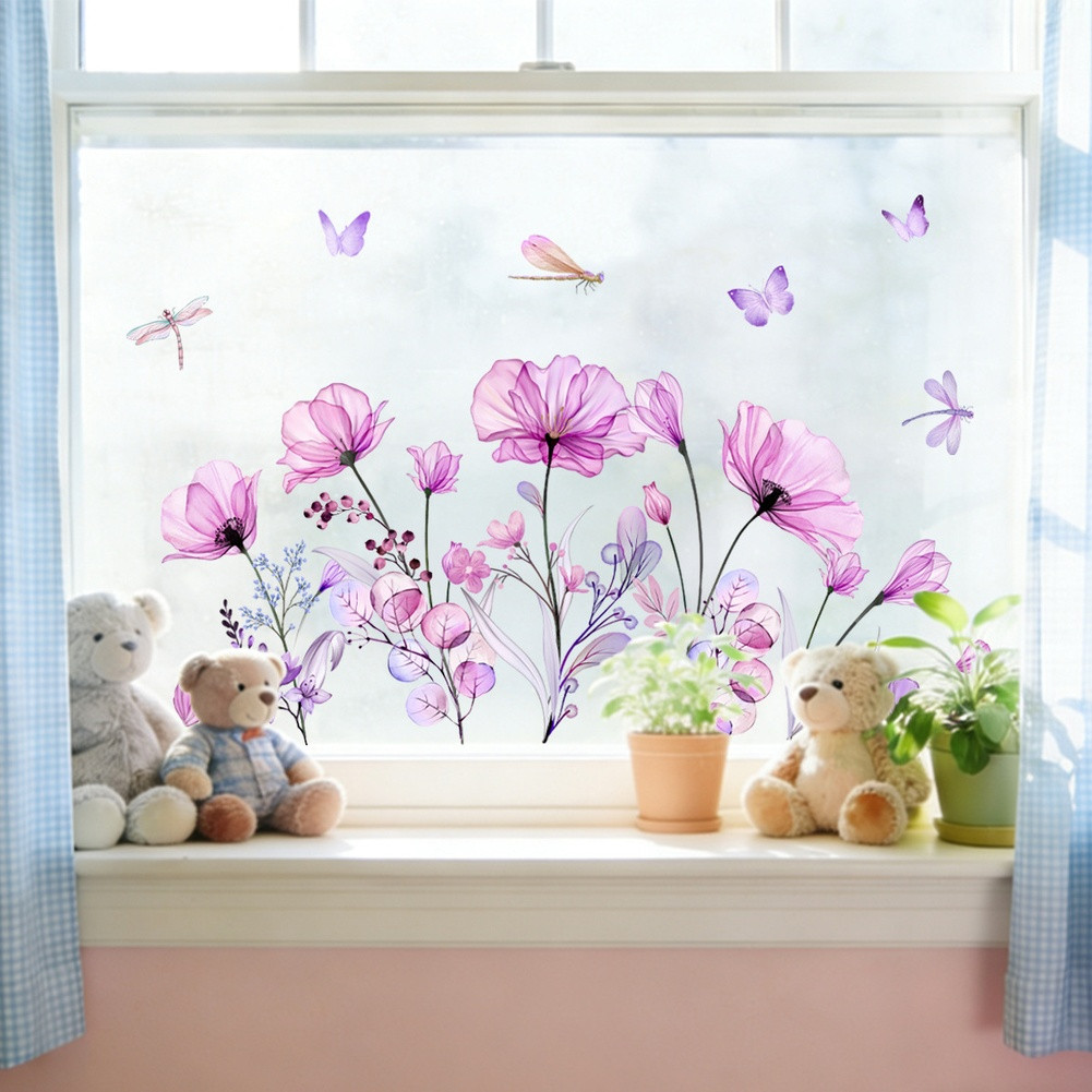 Static Window Sticker with Purple Flowers and Butterflies 11.81 by 23.62 in