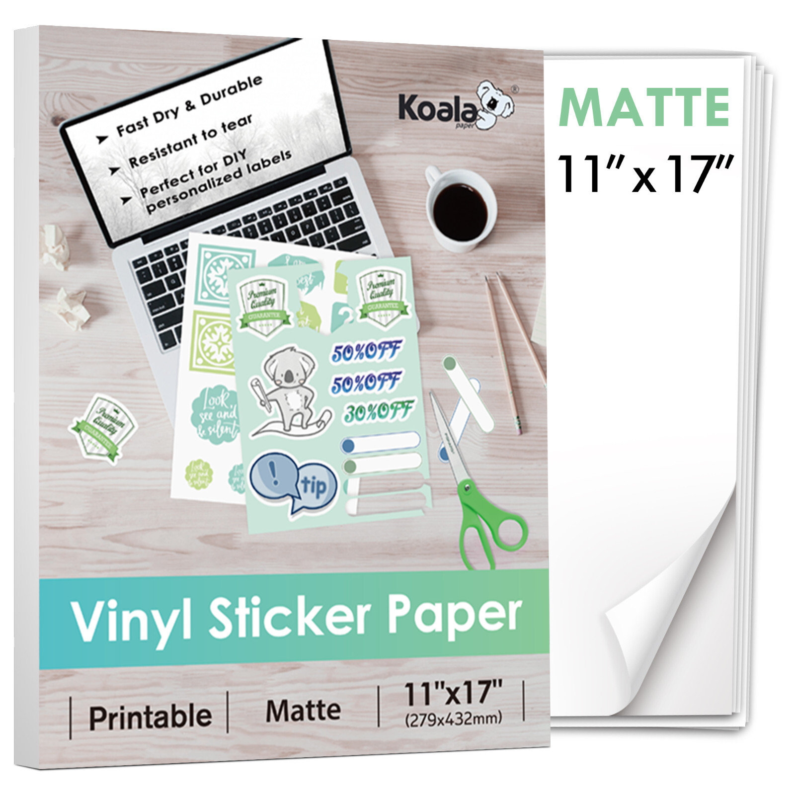 Koala Printable Vinyl Sticker Paper 11×17 30 Sheet Matte Waterproof Inkjet Laser
