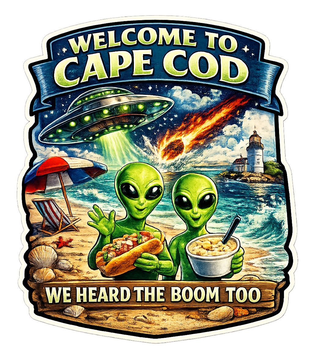 Welcome to Cape Cod We Heard The Boom Too Alien UFO Meteor Vinyl Sticker Decal