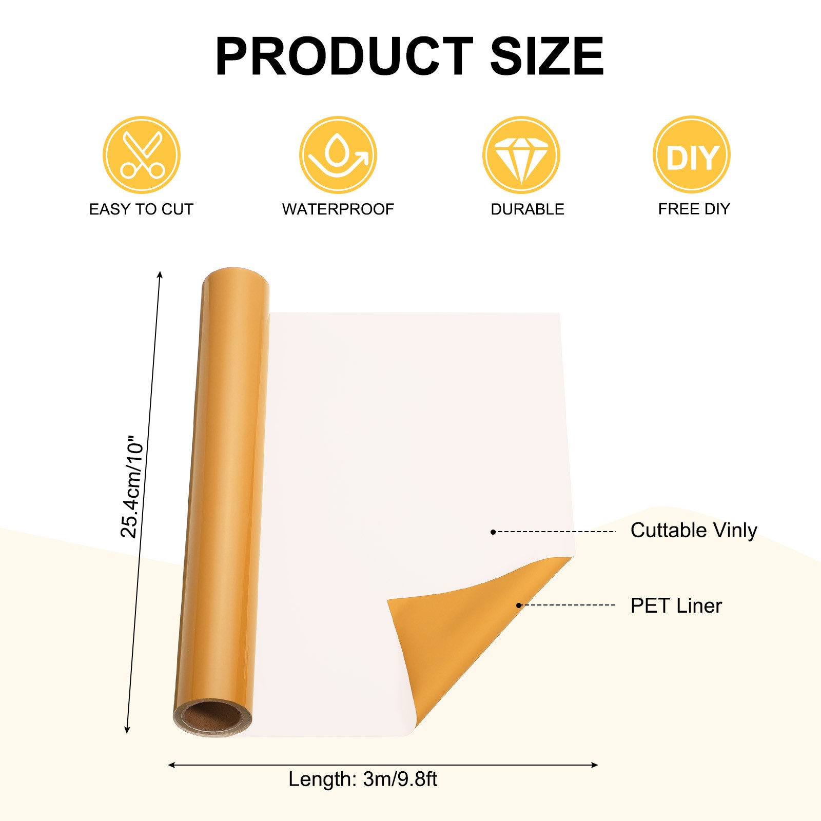 Yellow Permanent Vinyl, 10 Inch x 9.8ft Vinyl Roll