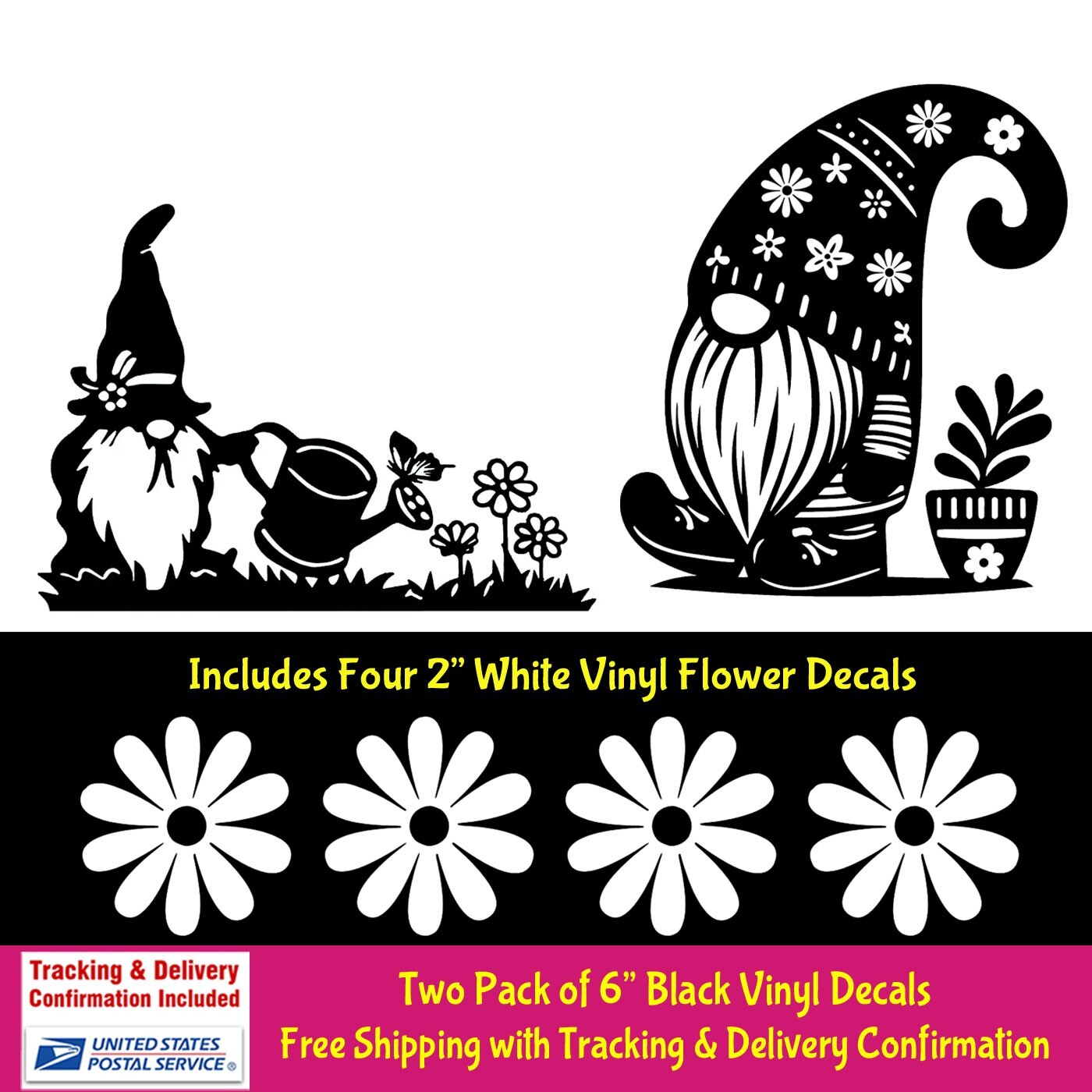 Garden Gnomes Flowers Garden Two PK 6" Black Vinyl Decal Car Laptop Tablet