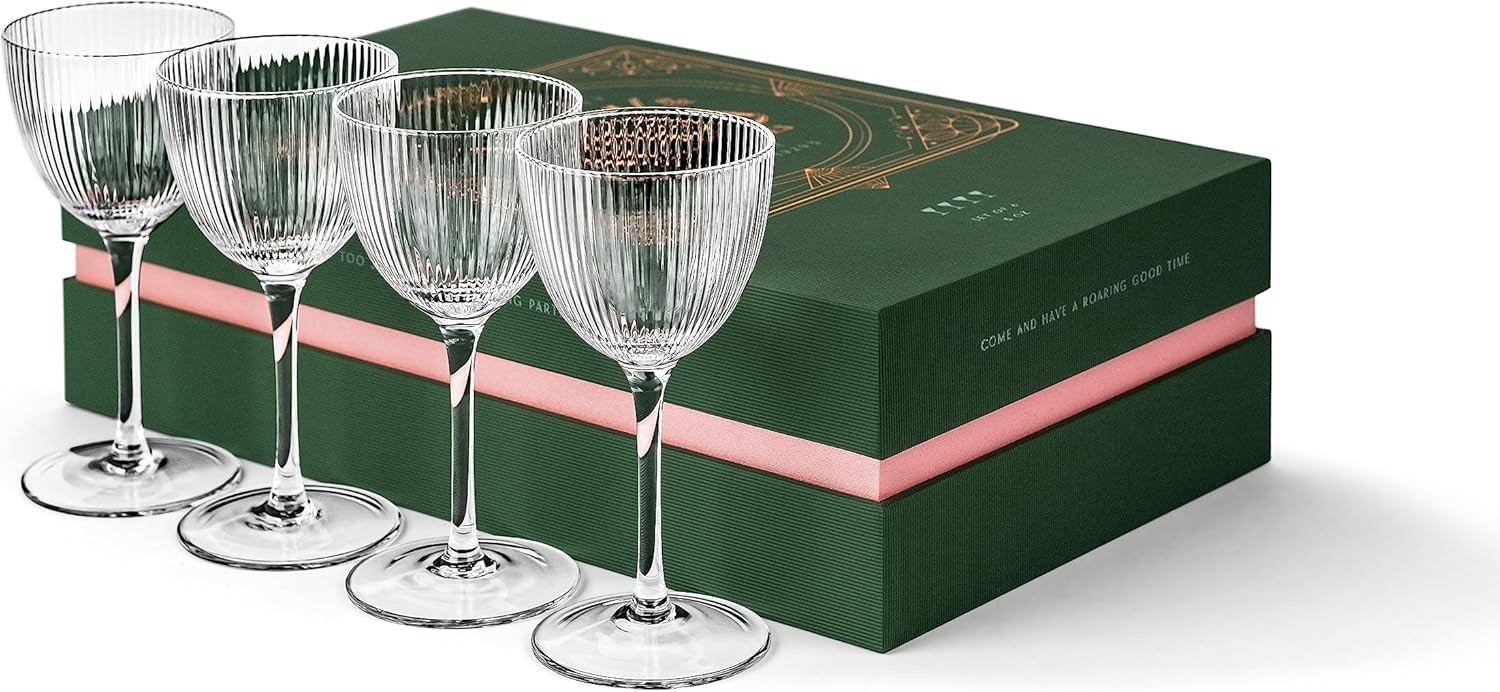 Art Deco Coupe Glasses Set of 4 | 5 oz Ribbed Cocktail Goblets for Drinks