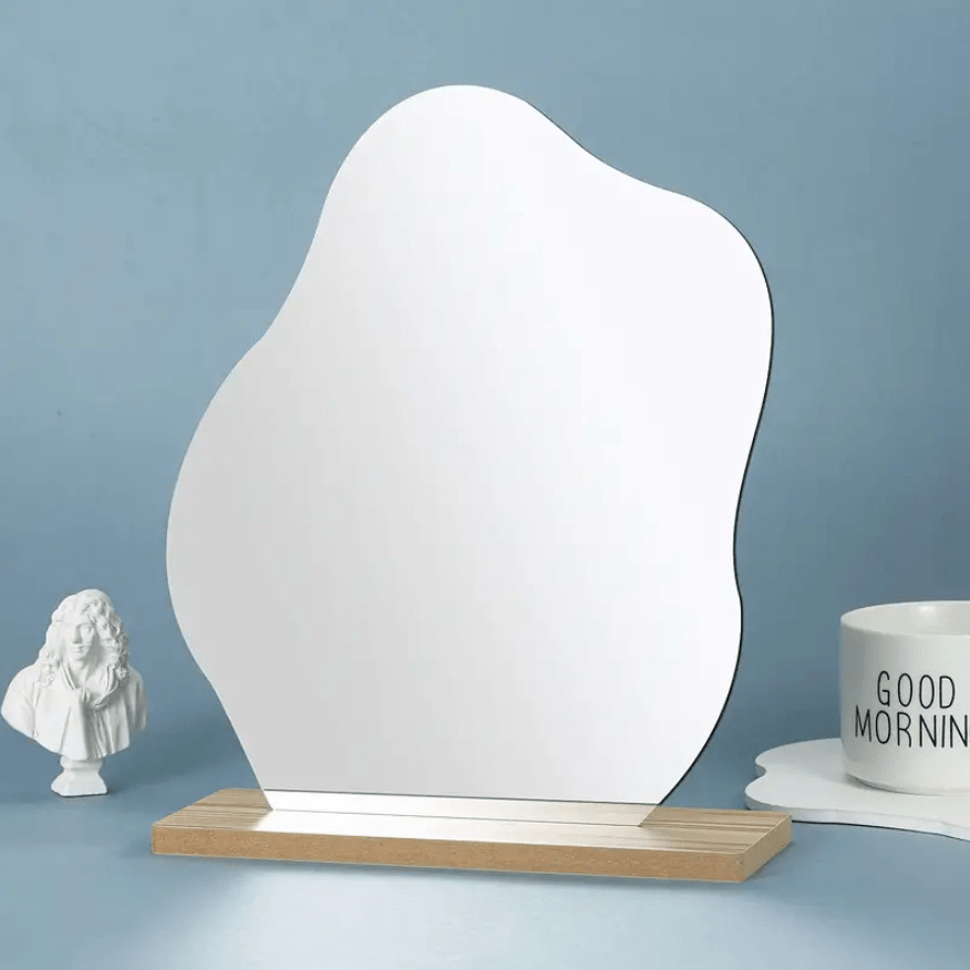 Irregular Decorative Tabletop Vanity Mirror with Wooden Base Bedroom Decor