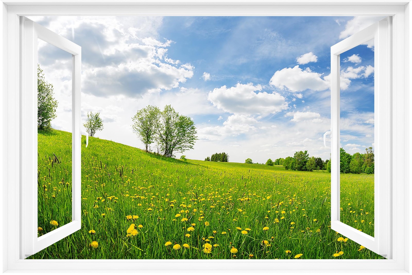 Fake Window Wall Decal – Spring Meadow View Faux Window Wall Mural for Home D…