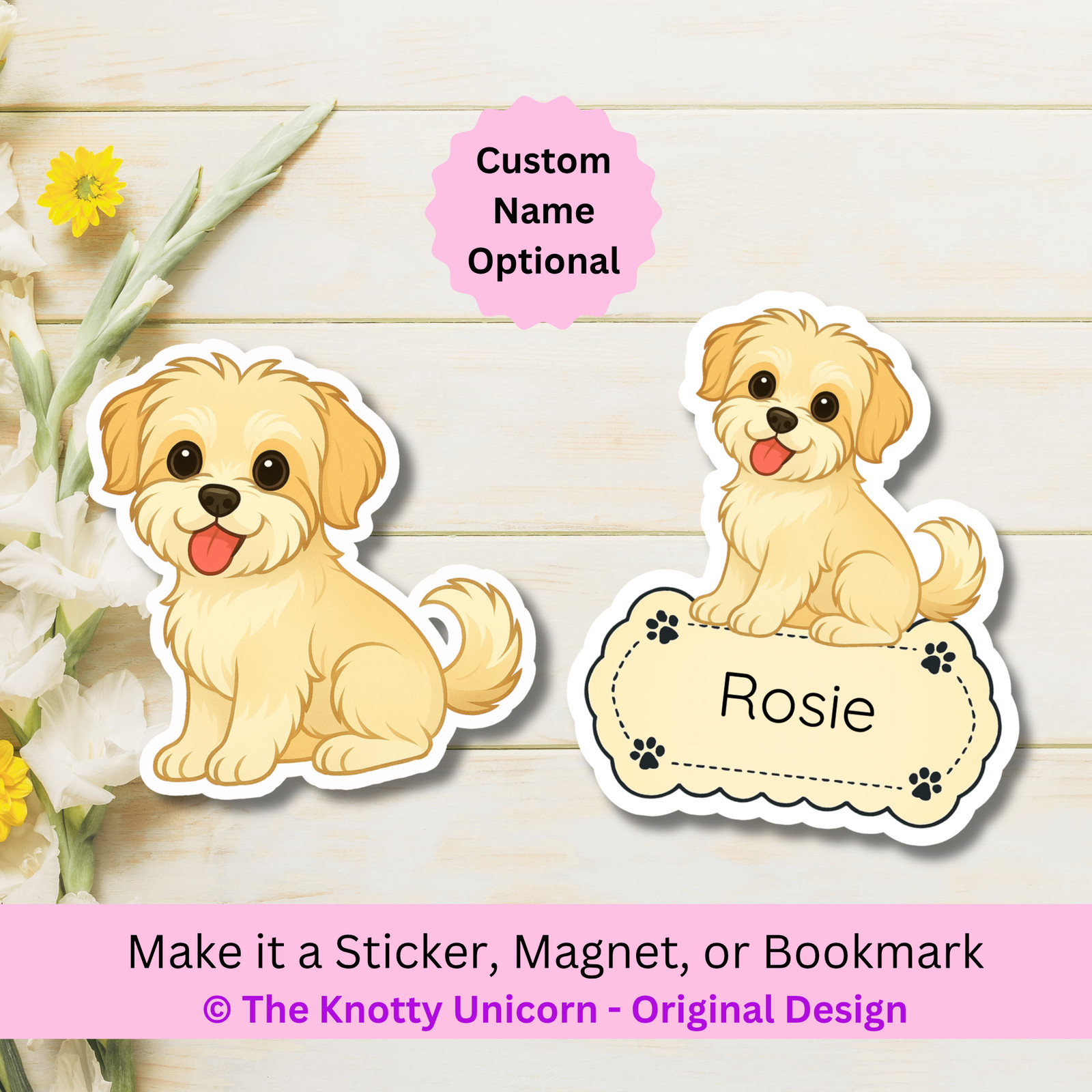 Personalized Shorkie Dog Sticker Magnet Bookmark – Gold and White