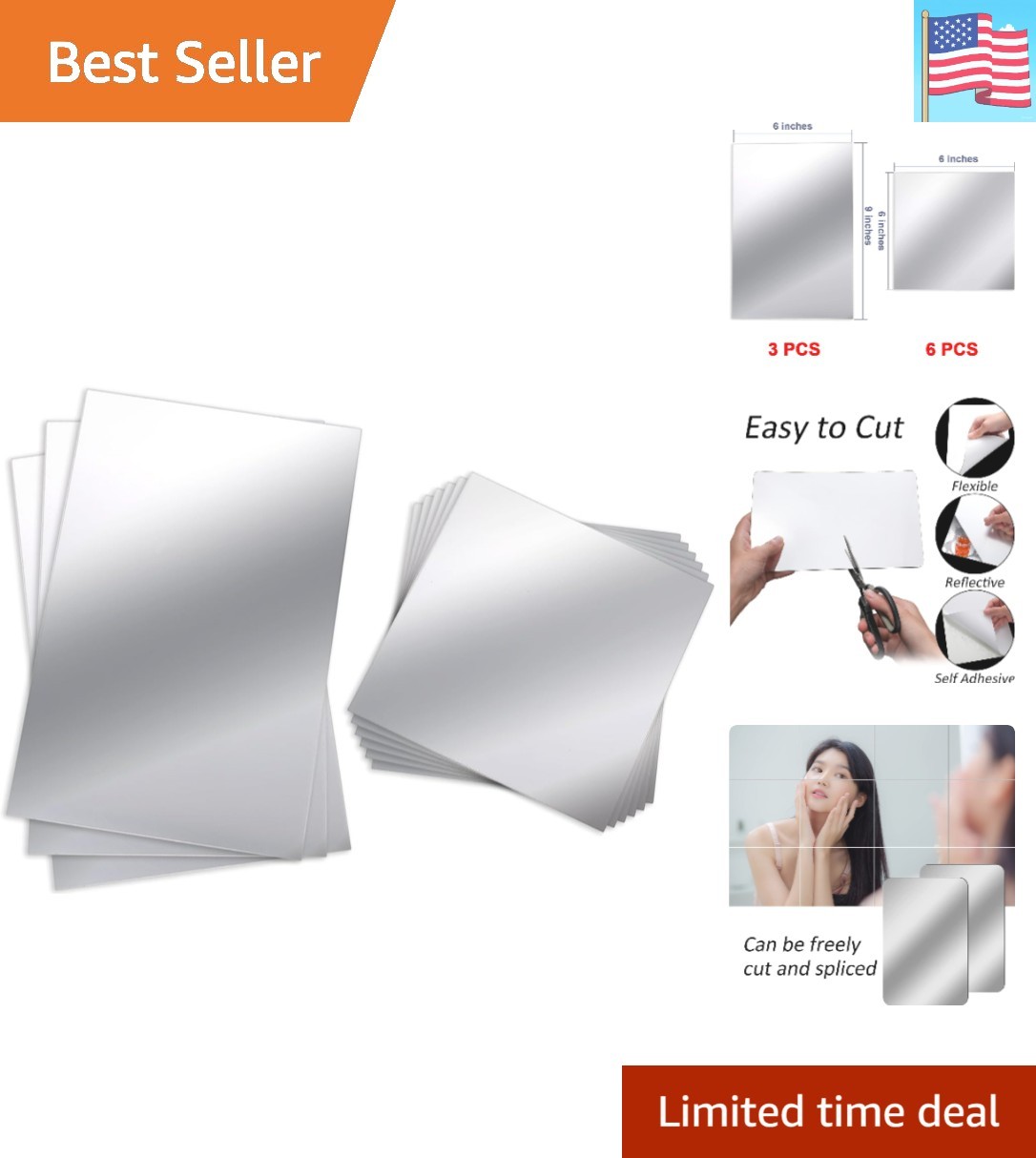 9 Pieces Mirror Stickers 6 x 9 Inches, 6 x 6 Inches Adhesive Craft Mirrors Ac…