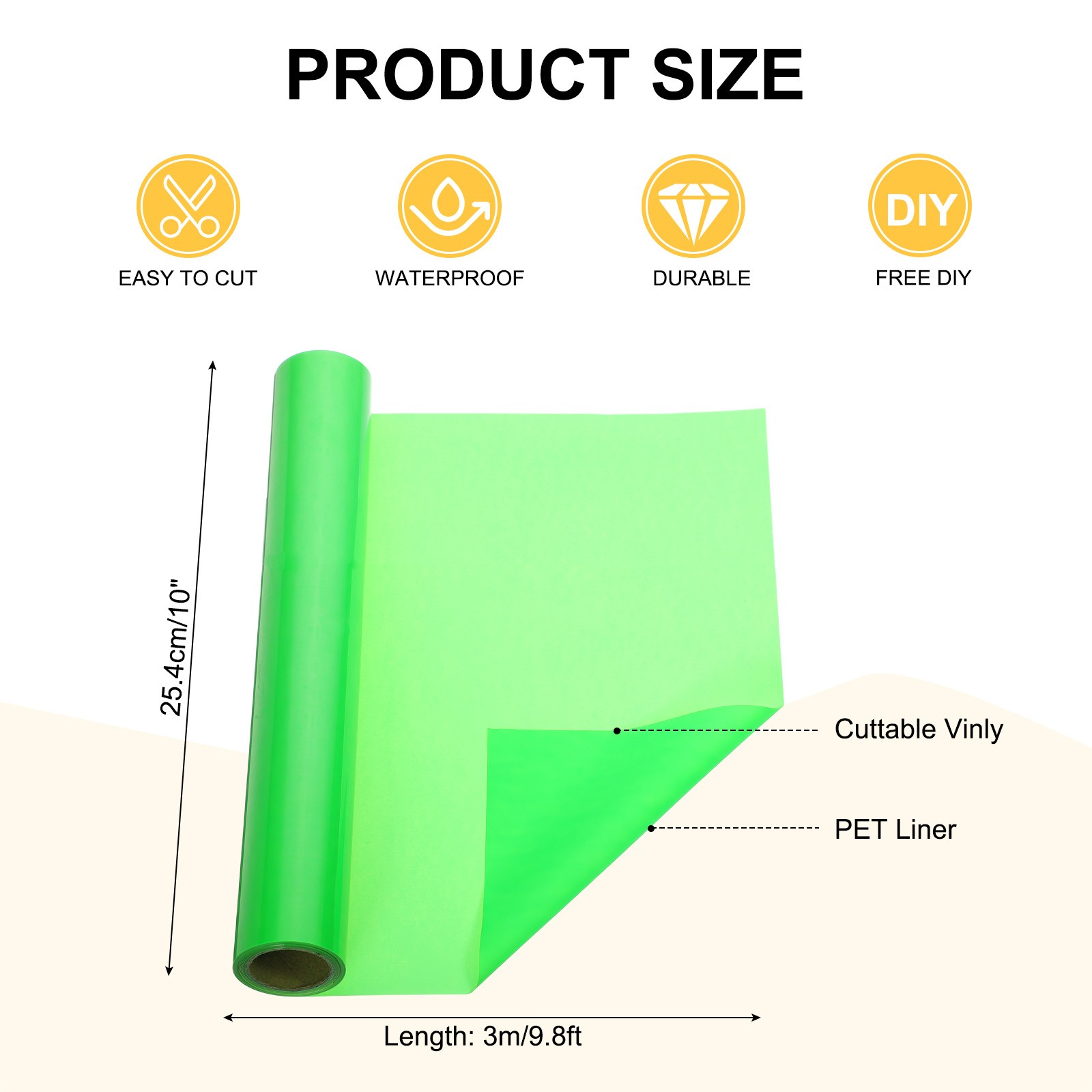Fluorescent Green Permanent Vinyl, 10 Inch x 9.8ft Vinyl Roll