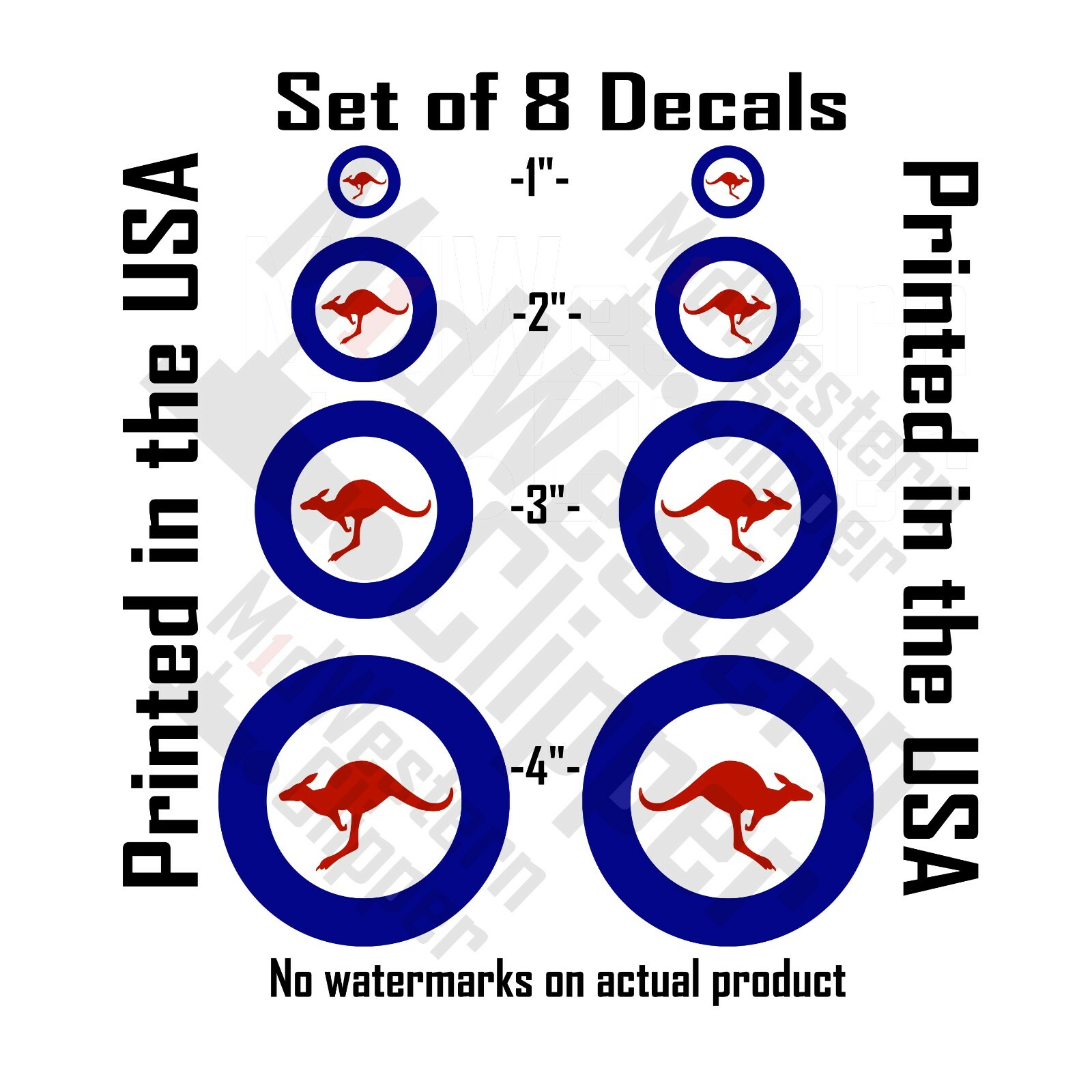 8 Australia RAAF decal roundels 2 x1" 2" 3" 4" stickers. left + right roo