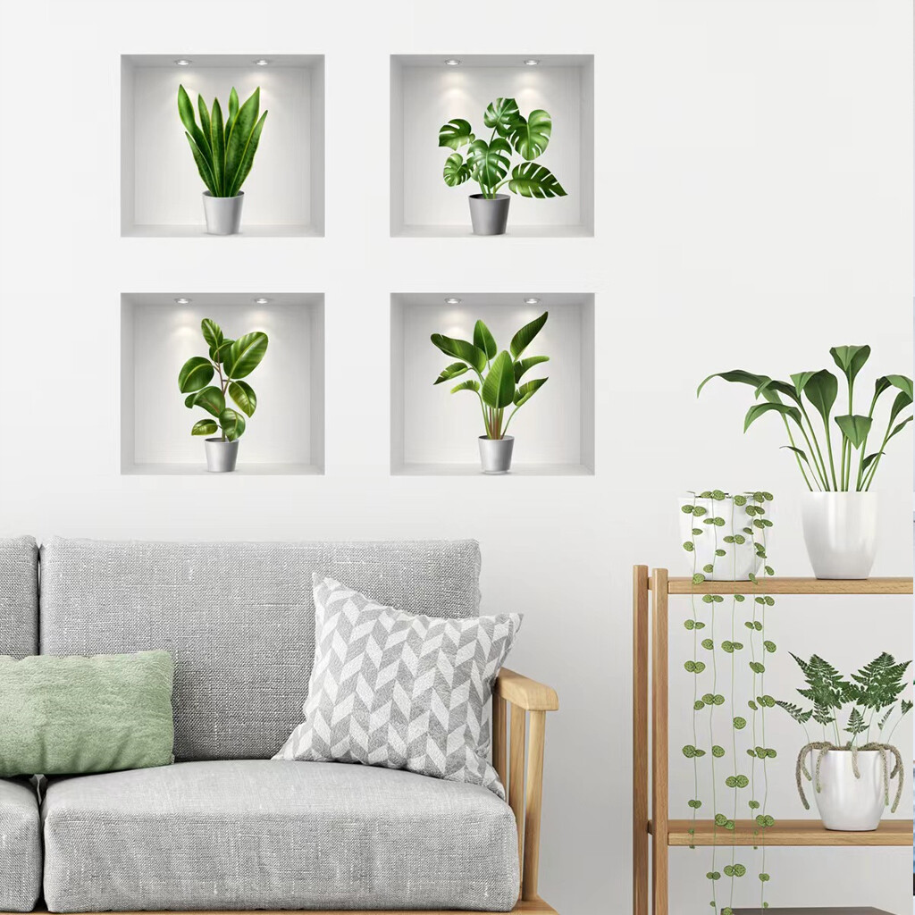 Green Pot Plants Fresh Leaves Wall Decals Window Stickers Plant Mural Home Decor