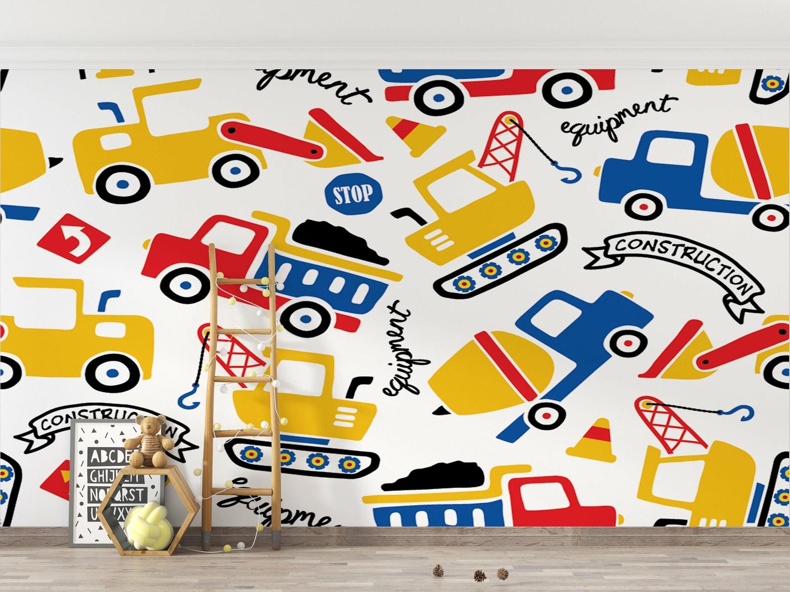 Cartoon Construction Vehicles Wallpaper – Large Wall Mural – Self-adhesive