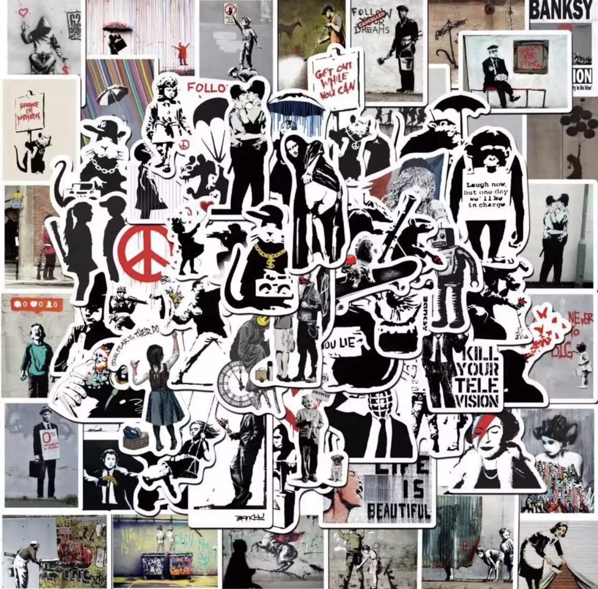30PCS Banksy Sculptures Flower Thrower Stickers Cool Street Art