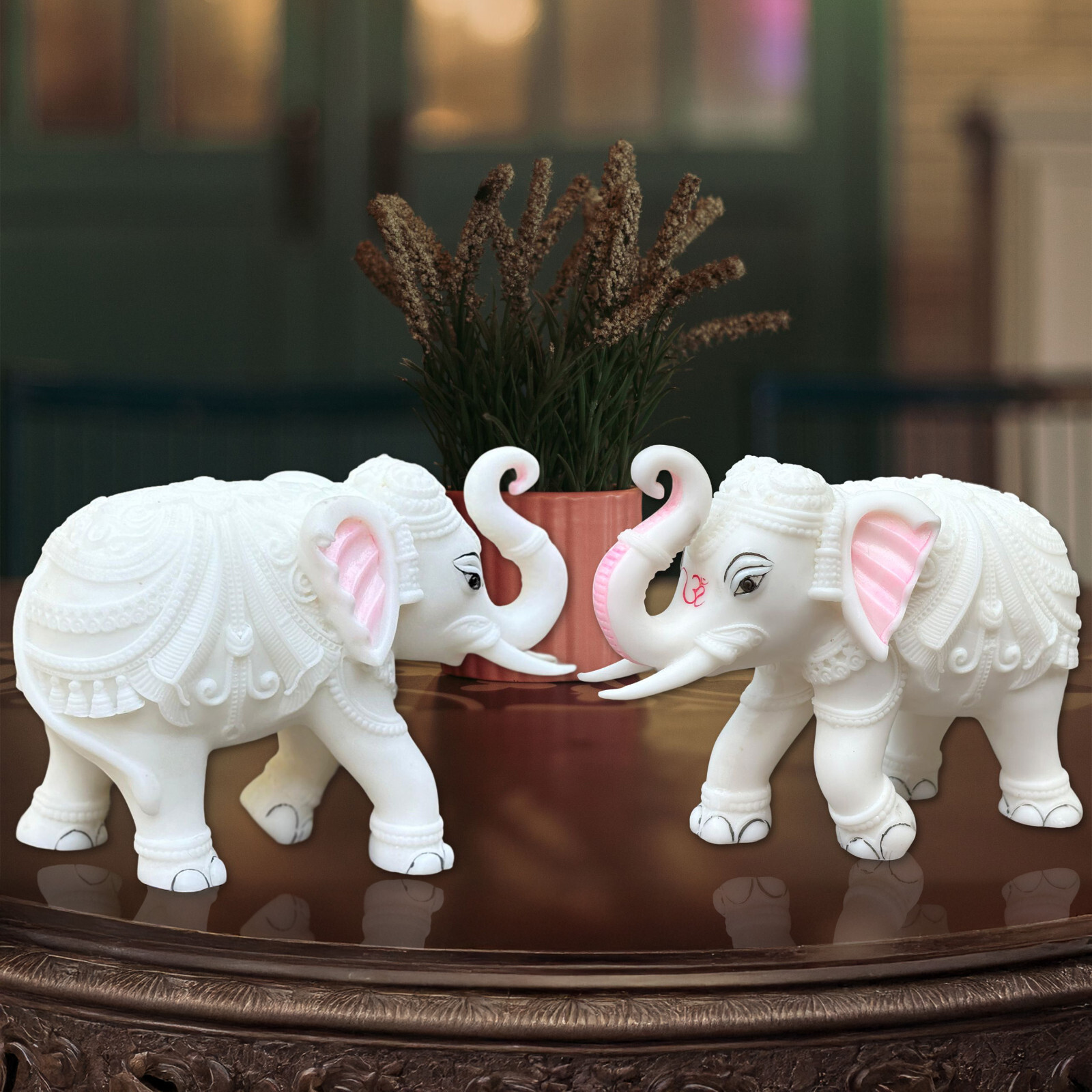 White Marble Elephant Statue Pair 5×6 Inches, Trunk Up Decorative Elephant Idols