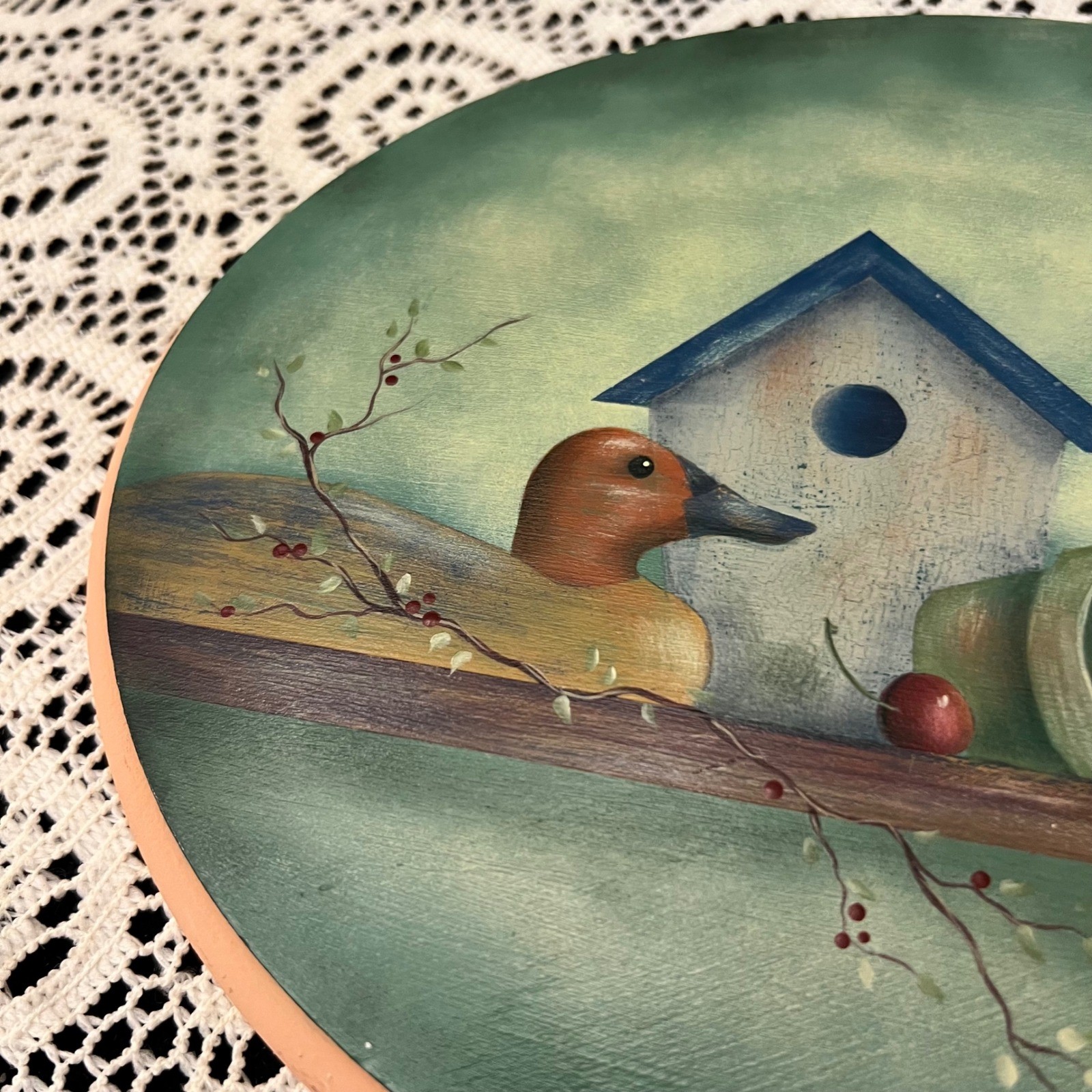 Vintage Oval Hand Painted Plaque | Duck Birdhouse Garden | Cottage