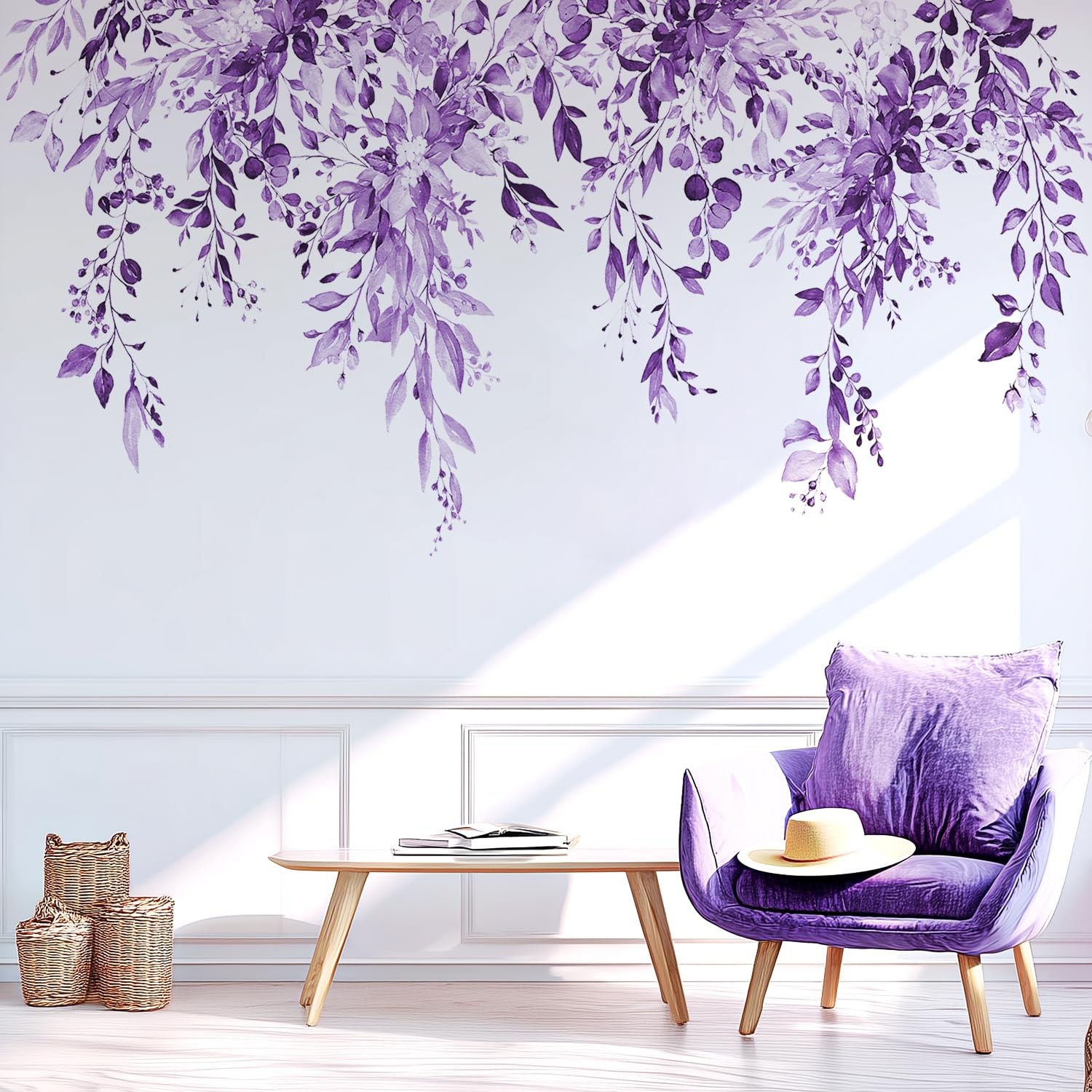 Purple Plants Leaves Wall Decals Peel and Stick, Floral Flowers Wall Stickers…
