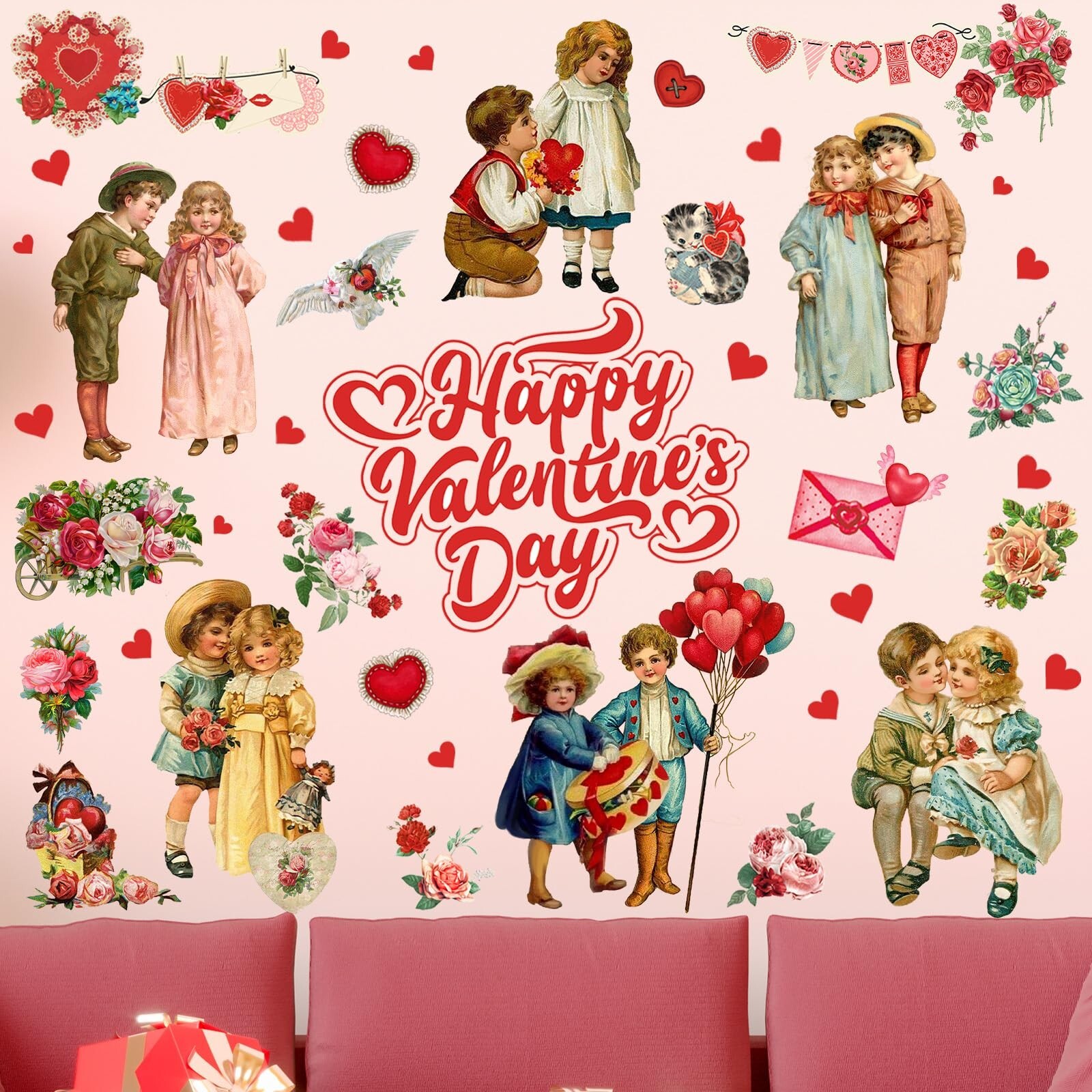 9 Sheets Valentine's Day Wall Decals Vintage Victorian People Rose Heart Wall…