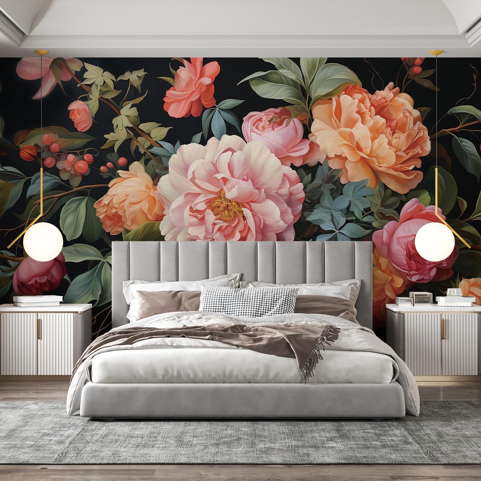Large Floral Peel and Stick Wall Murals 148" W x 98" H Vintage 3D Dark Peony …