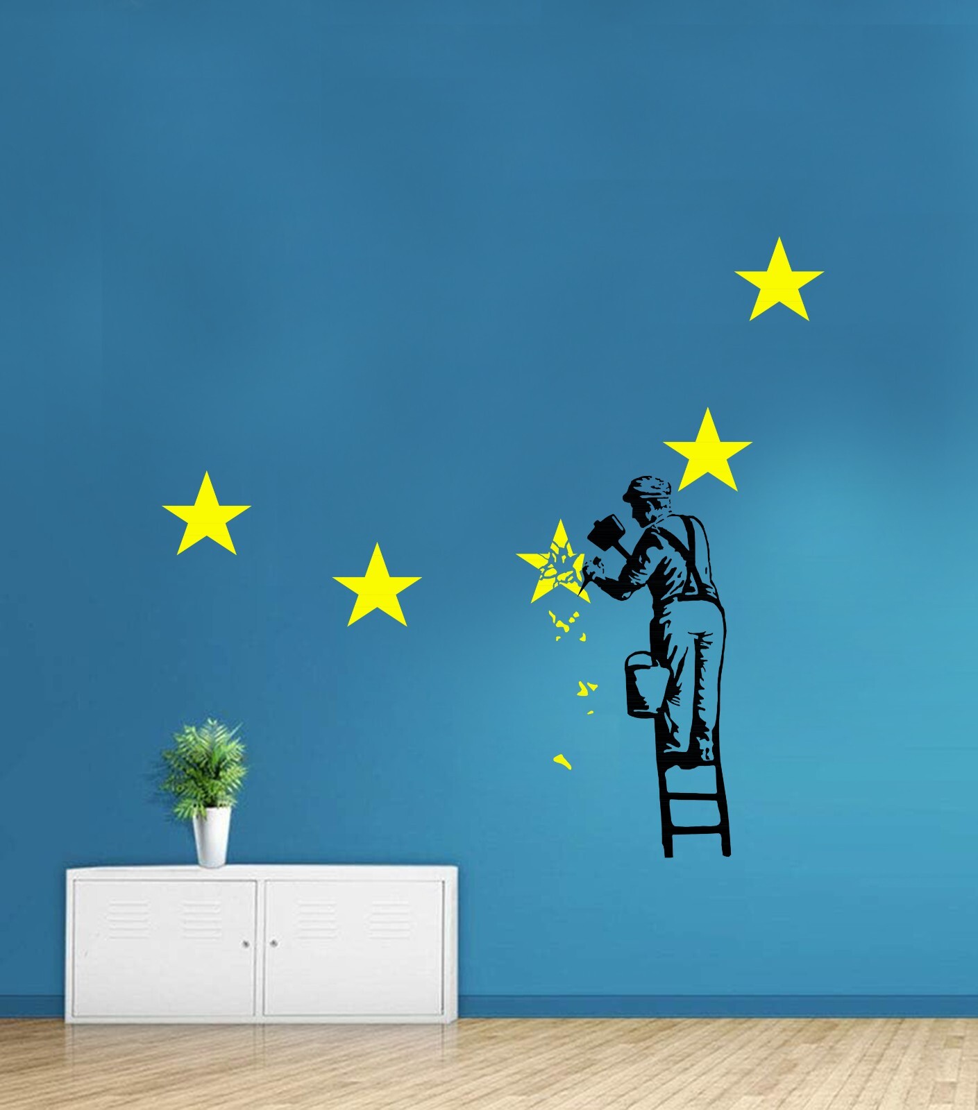 Banksy EU Workman remove star from EU flag Brexit wall sticker vinyl decal Dover