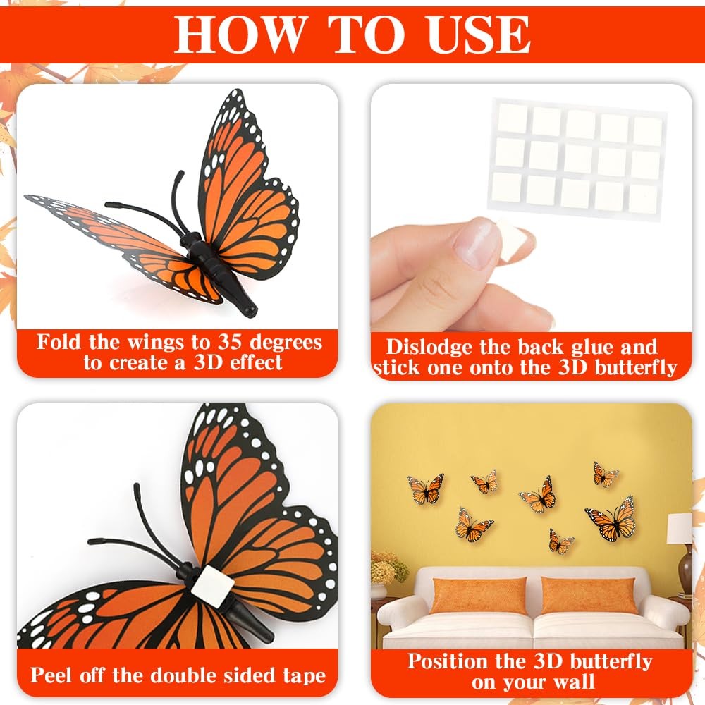 Monarch Butterfly Decorations, 24 PCS Monarch Butterfly Wall Decor 3D Orange Fak