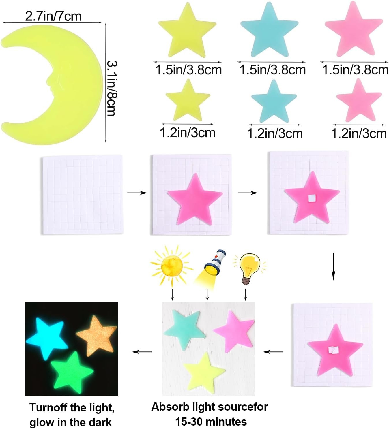 100 Pcs Colorful Glow in The Dark Luminous Stars and Moon Fluorescent