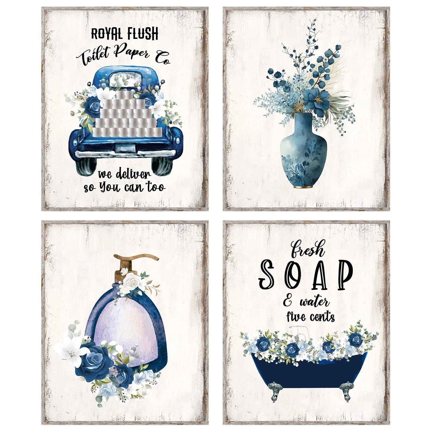 Funny Wall Art Poster, Blue Bathroom Decor, Navy Flowers Pictures, Rustic Vin…