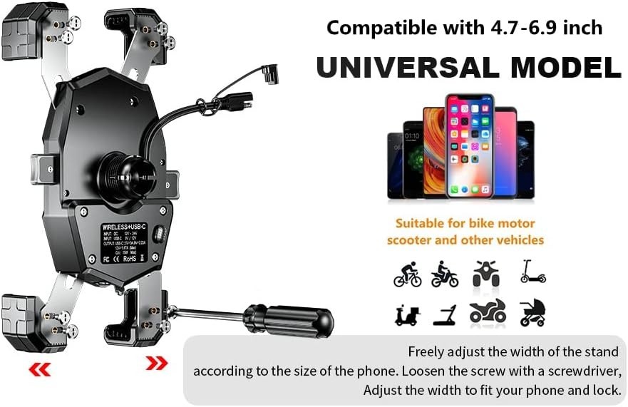 Motorcycle Fork Stem Phone Mount with Qi 15W Wireless Charger & Black
