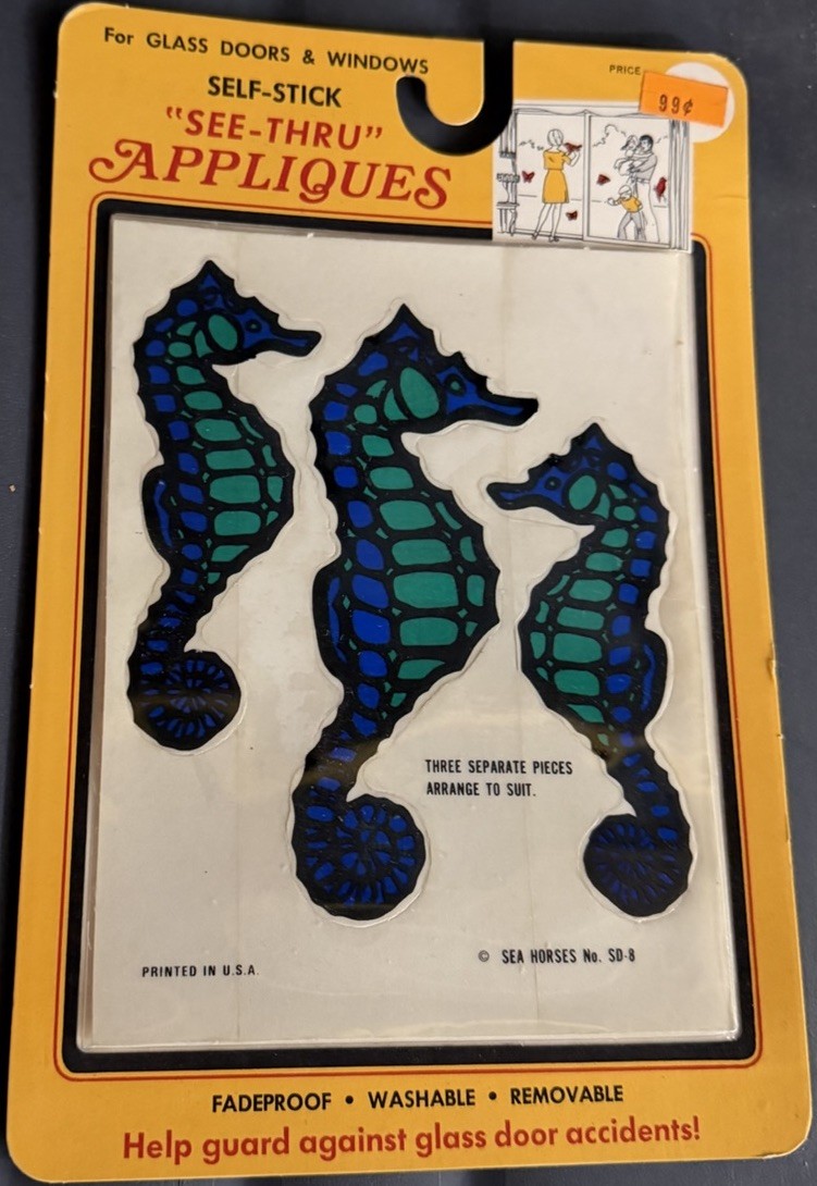 VTG Window Door Decal Sticker Stained Glass Colors See-Thru Appliques Sea Horses