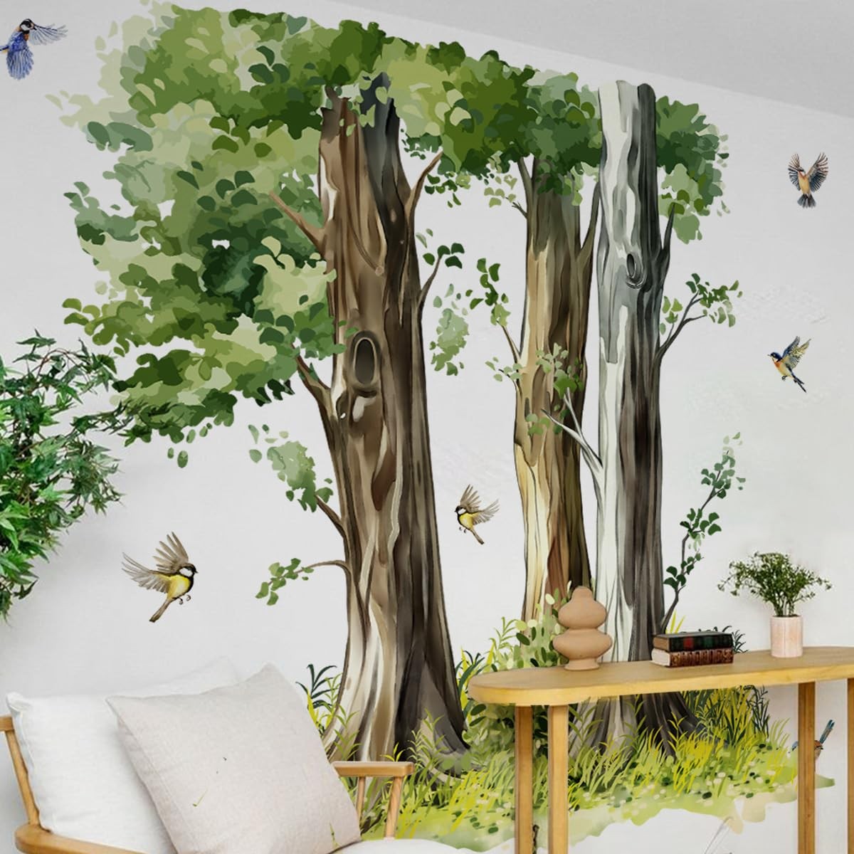 Large Green Trees Wall Decals with Flying Birds for Living Room Bedroom, 49.2…