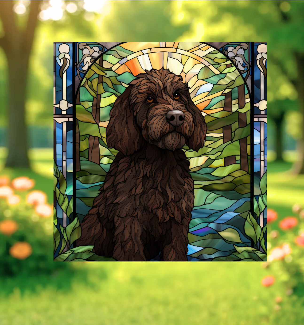 Labradoodle Dog Faux Stained-Glass WINDOW CLING Size 9.2" Repositionable Vinyl