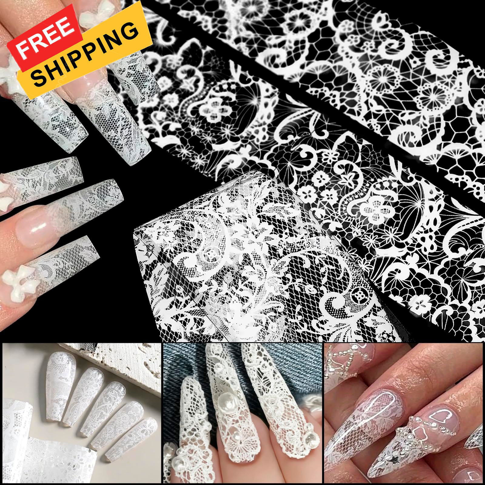 MOLILON 10 Rolls White Lace Nail Foil, 2.5*100cm / 1.0*39.37in, Style 2