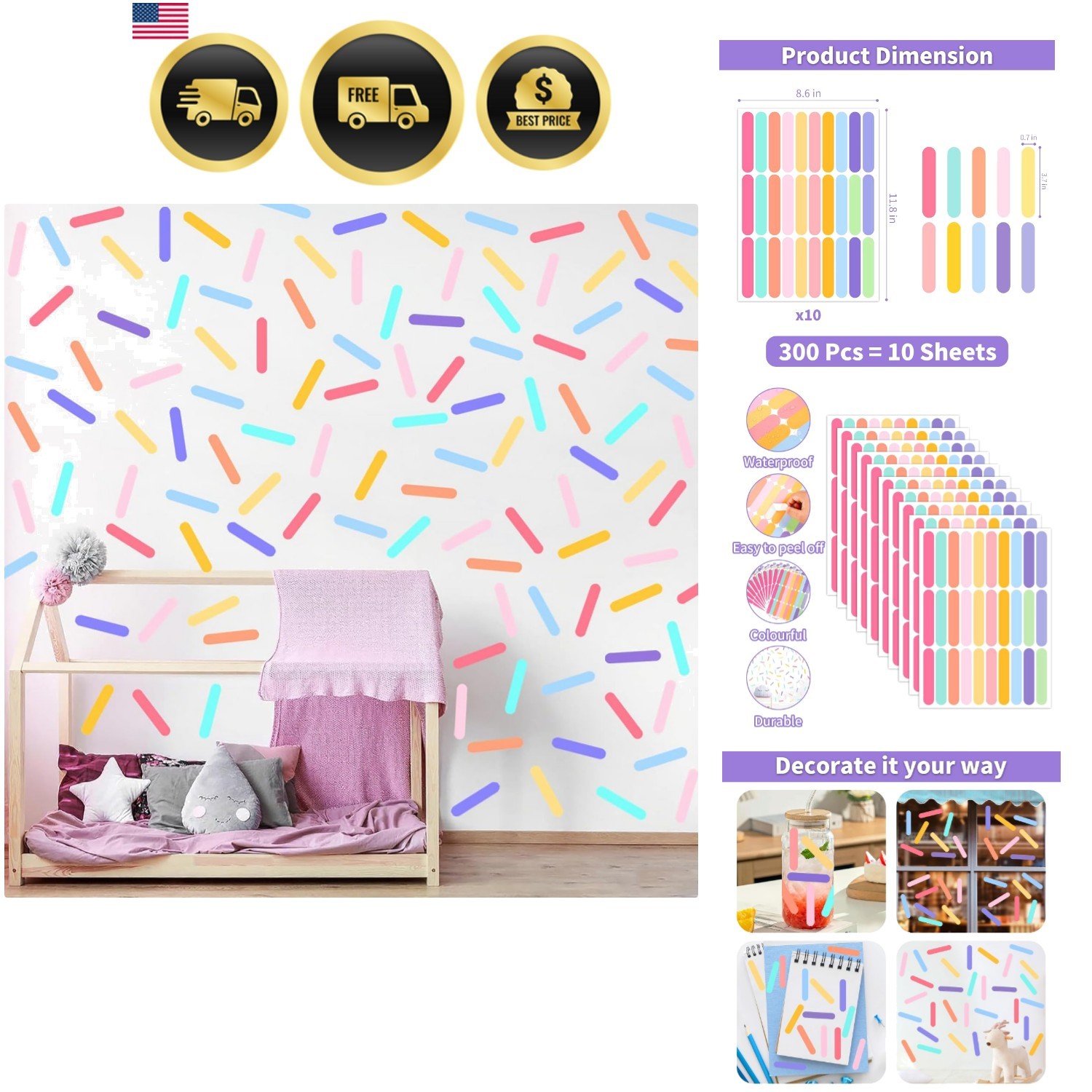 300 Pcs Confetti Wall Decals – Peel and Stick Sprinkle Vinyl Stickers for Kid…