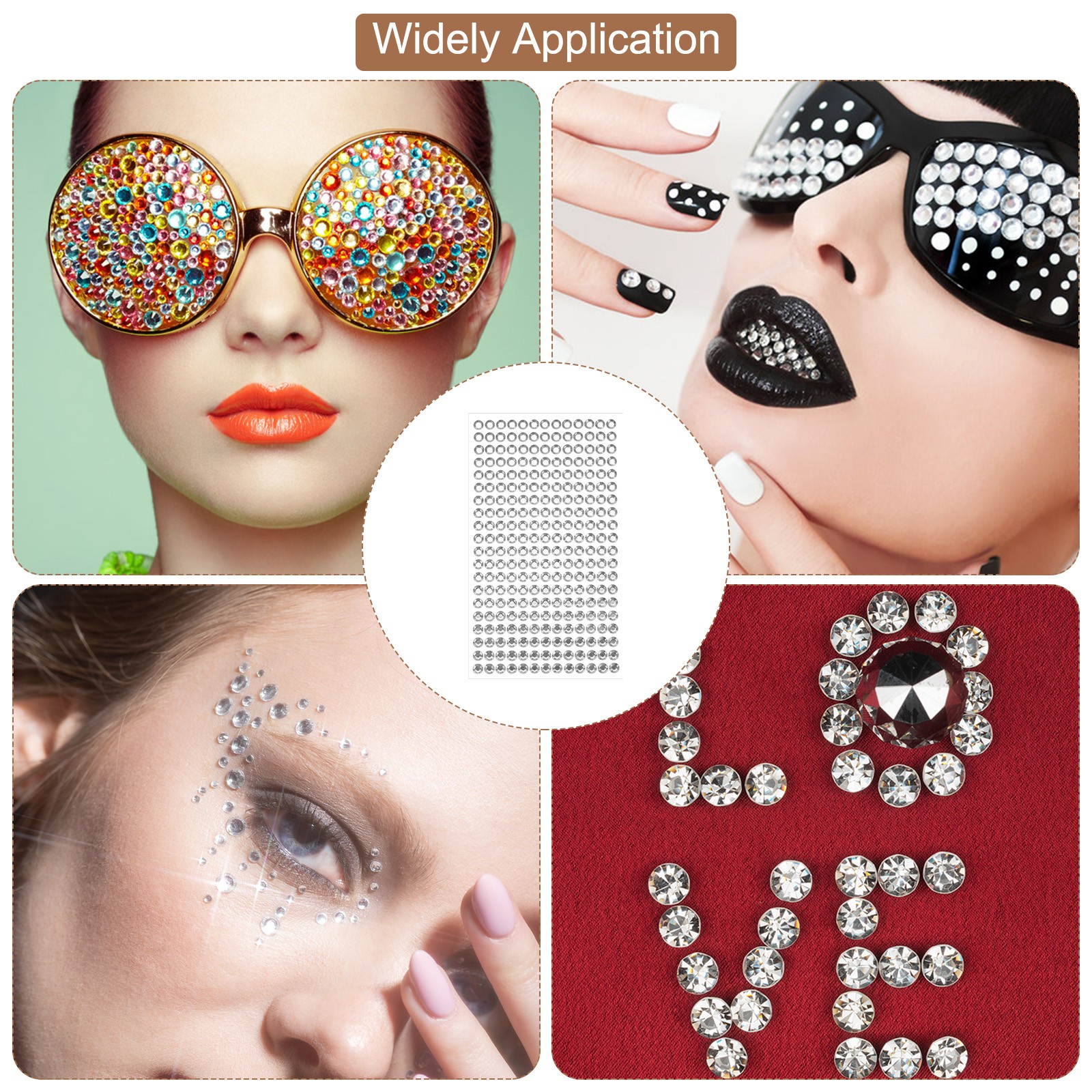 1394Pcs 4mm/6mm Self-Adhesive Rhinestone Stickers 4 Sheet White Silver