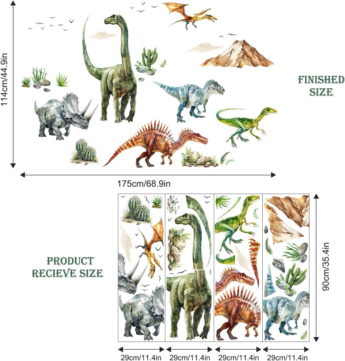 Dinosaur Wall Decals, Large Dino Wall Stickers Volcano Tropical Plants Cactus Pe