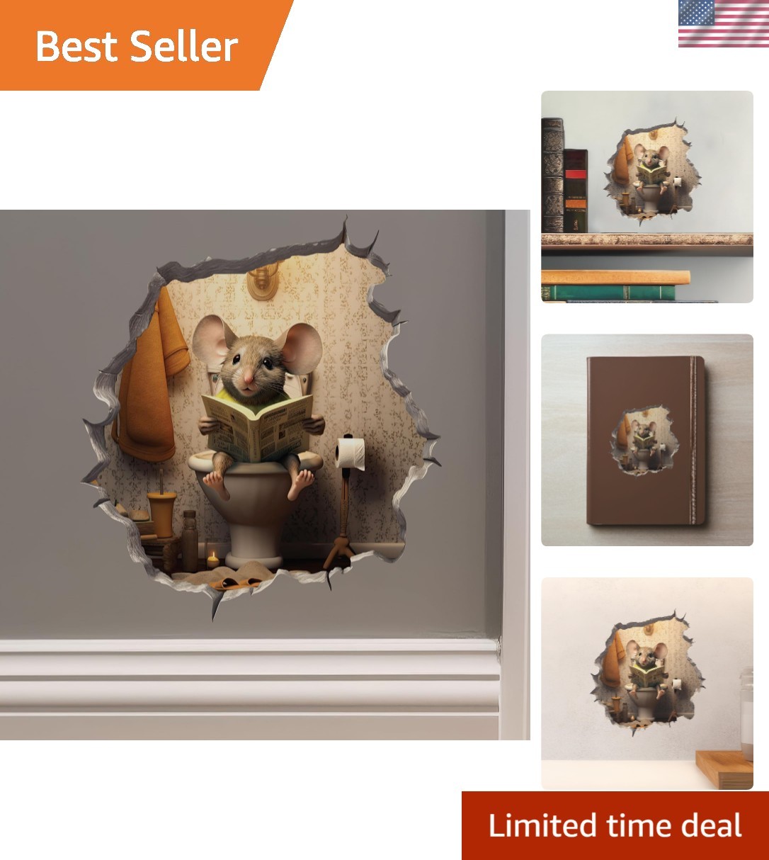 3D Mouse Sitting on Toilet Decal – Funny Wall Sticker for Kids' Rooms