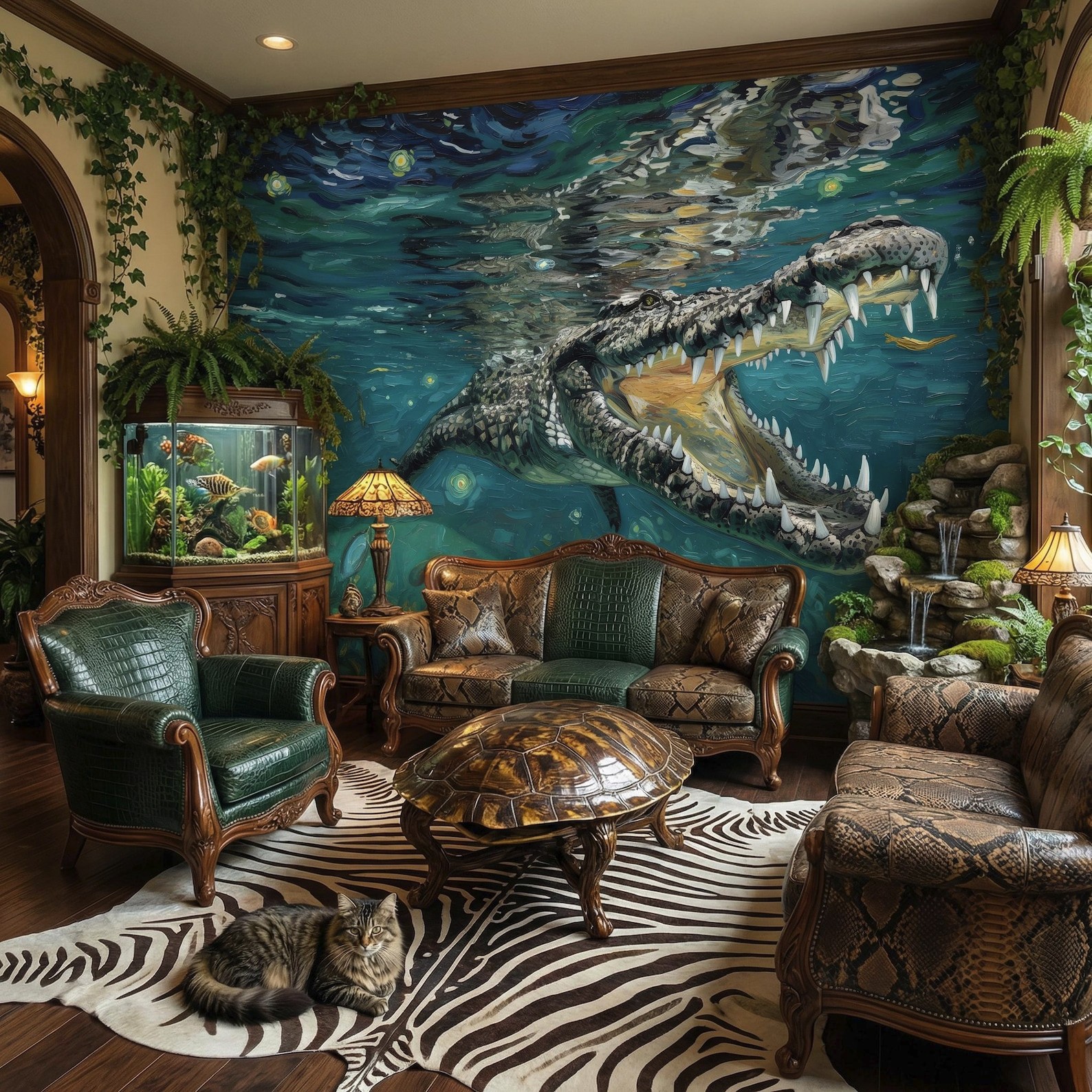 Underwater Alligator Crocodile Wall Mural, Van Gogh Starry Night Style Wallpaper