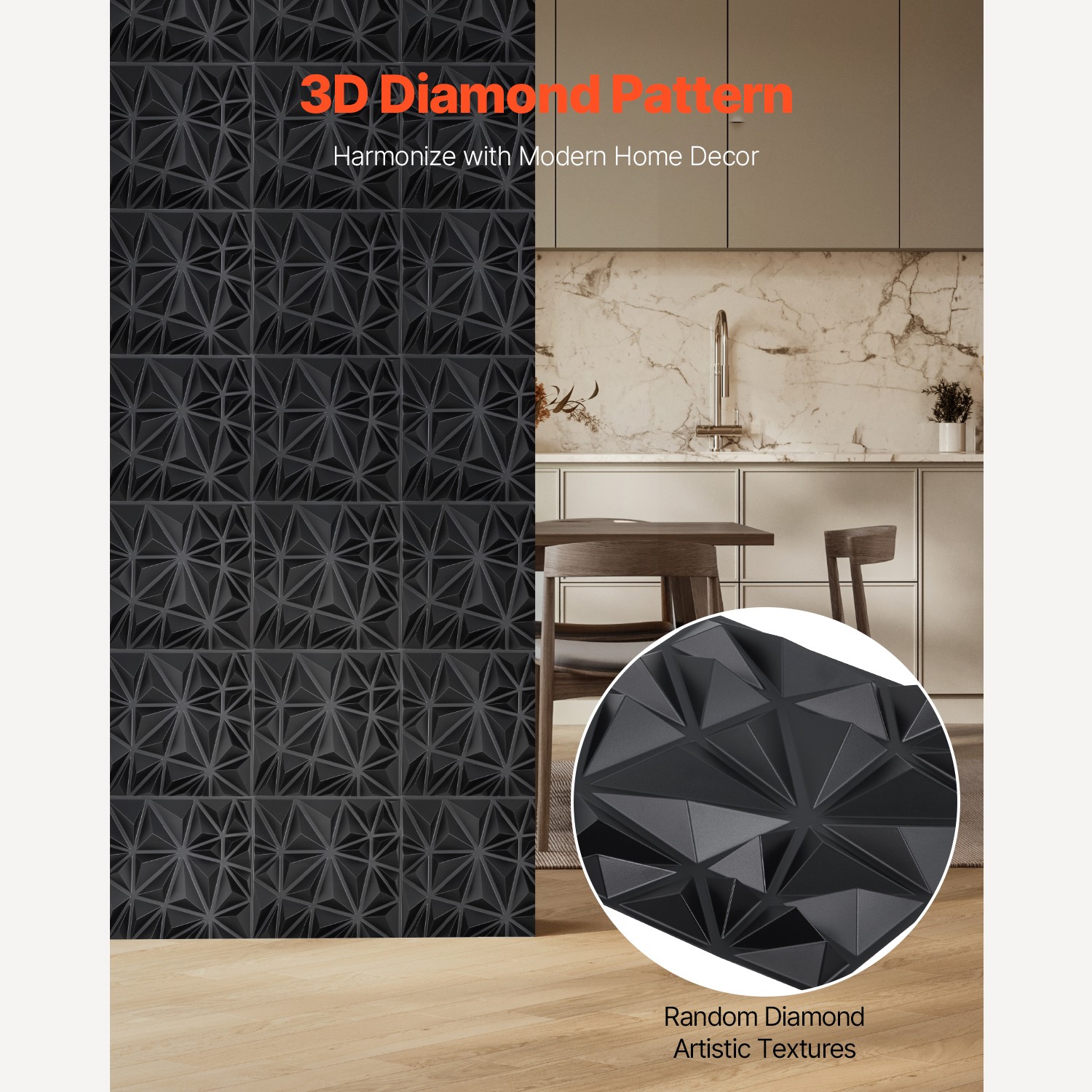 3D Wall Panels 33-Pack Black PVC Diamond, 32 Sq.ft DIY Textured Modern Home