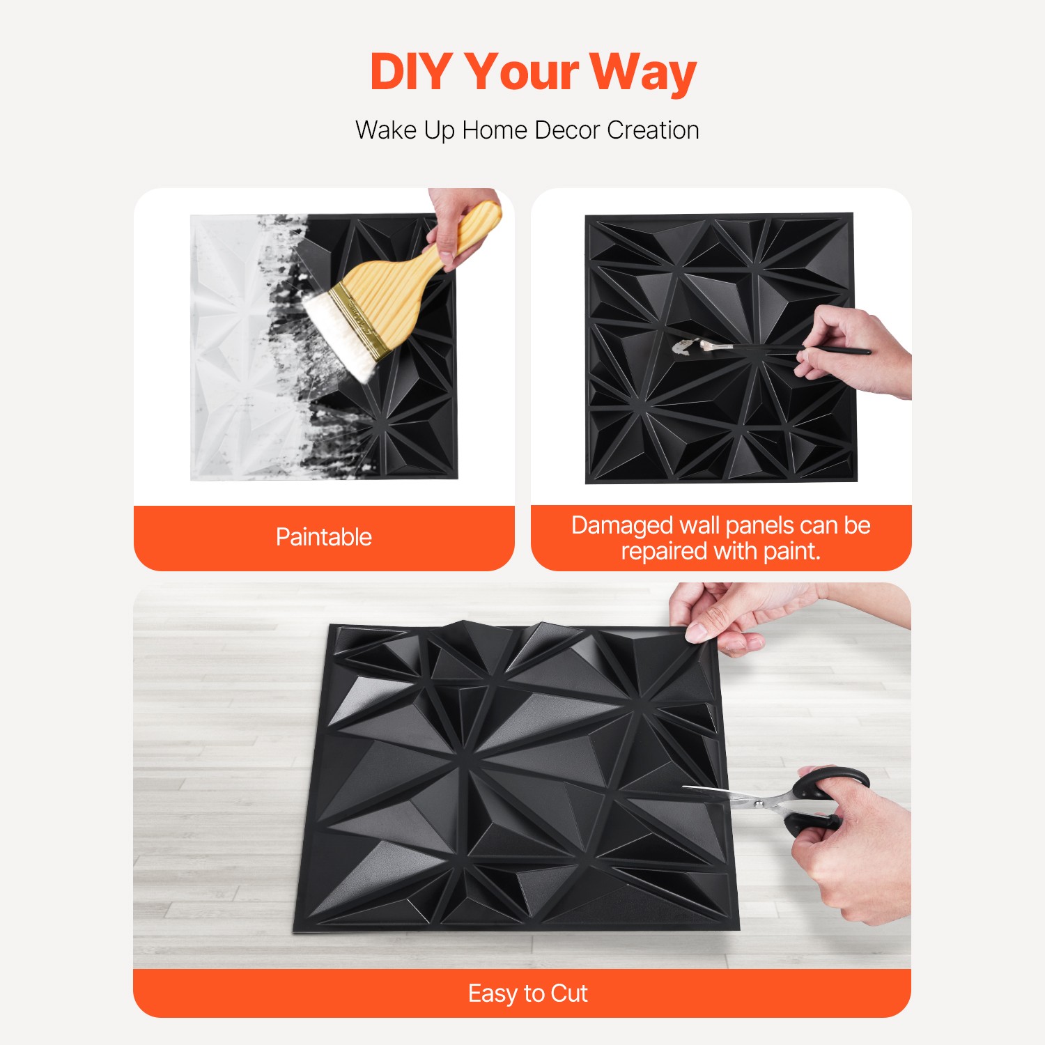 3D Wall Panels 33-Pack Black PVC Diamond, 32 Sq.ft DIY Textured Modern Home