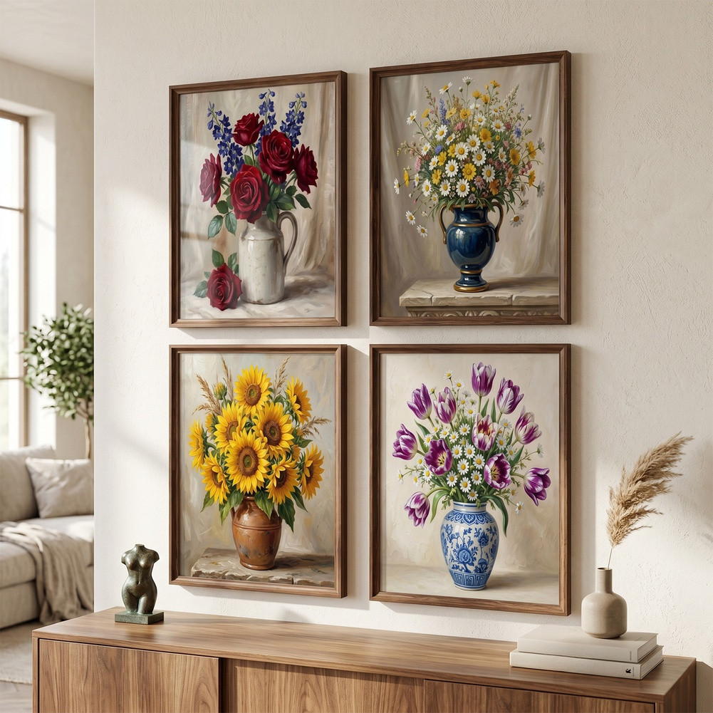 Floral Theme Art Prints 4pcs Sunflower Tulip Wildflower 8.26 x 11.81 in